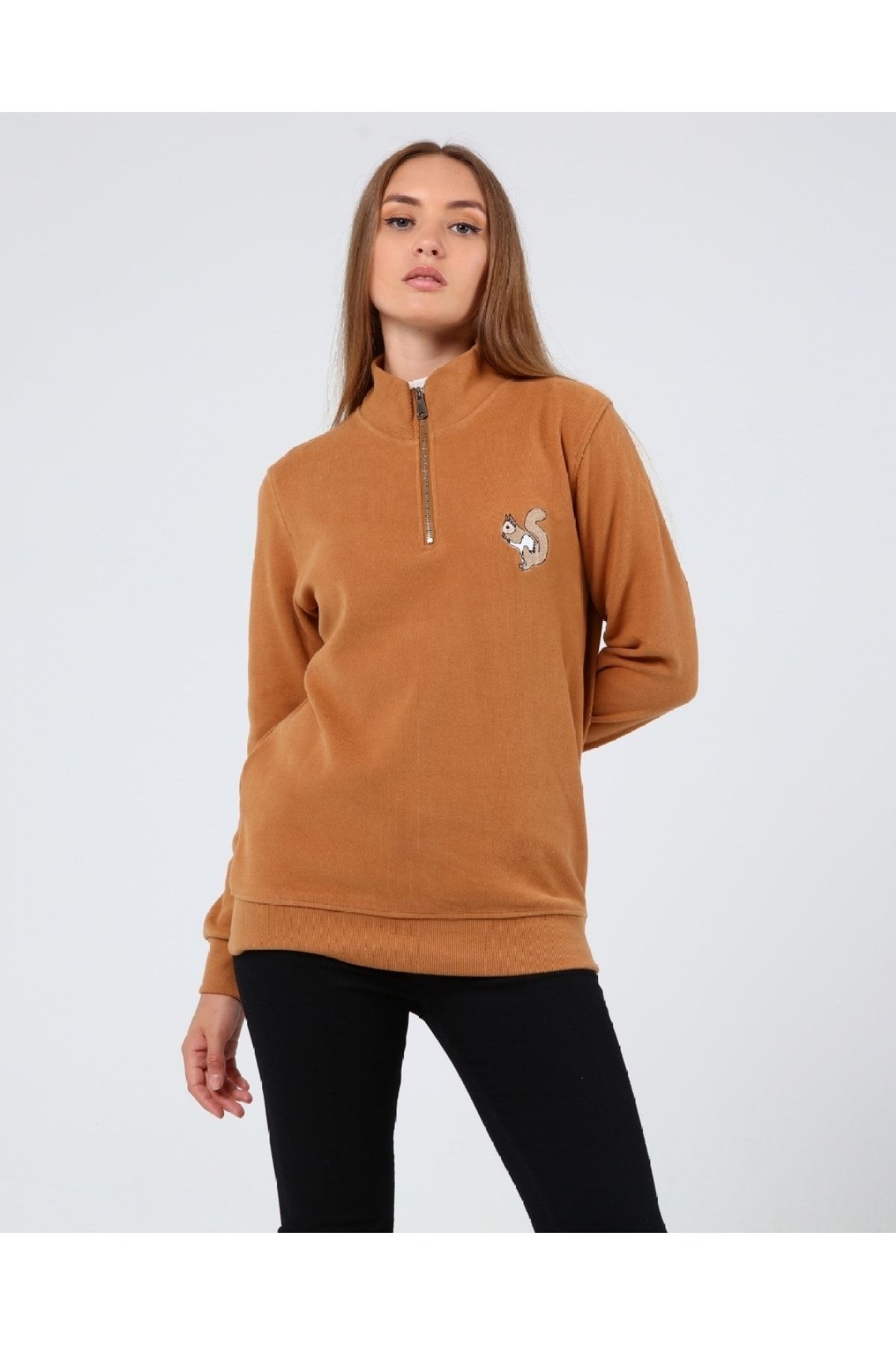 GENIUS STORE Store Kadın Selanik Outdoor Yarım Fermuarlı Sweatshirt Nakış Işlemeli Günlük Spor Sweatshirt