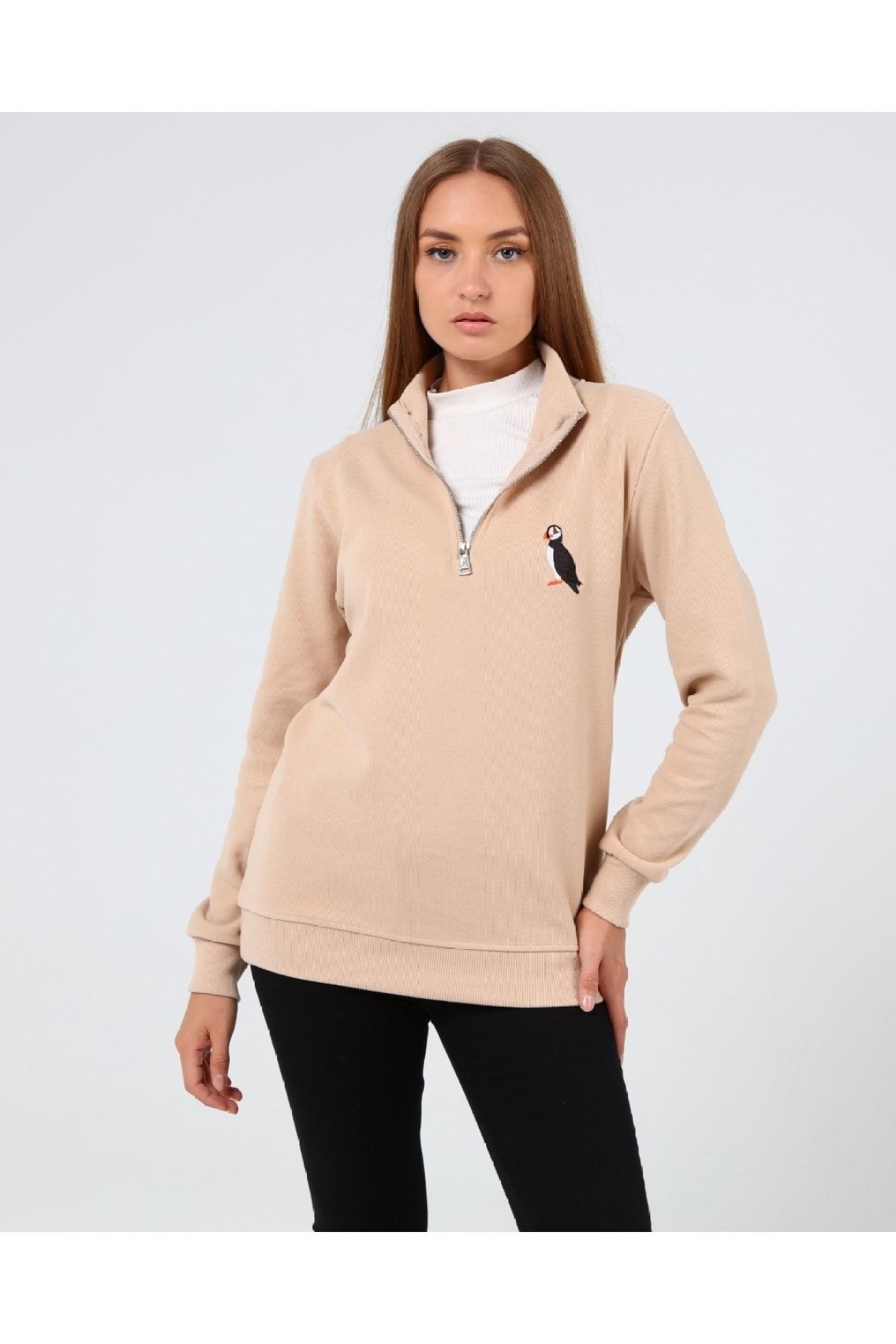GENIUS STORE Store Kadın Selanik Outdoor Yarım Fermuarlı Sweatshirt Nakış Işlemeli Günlük Spor Sweatshirt