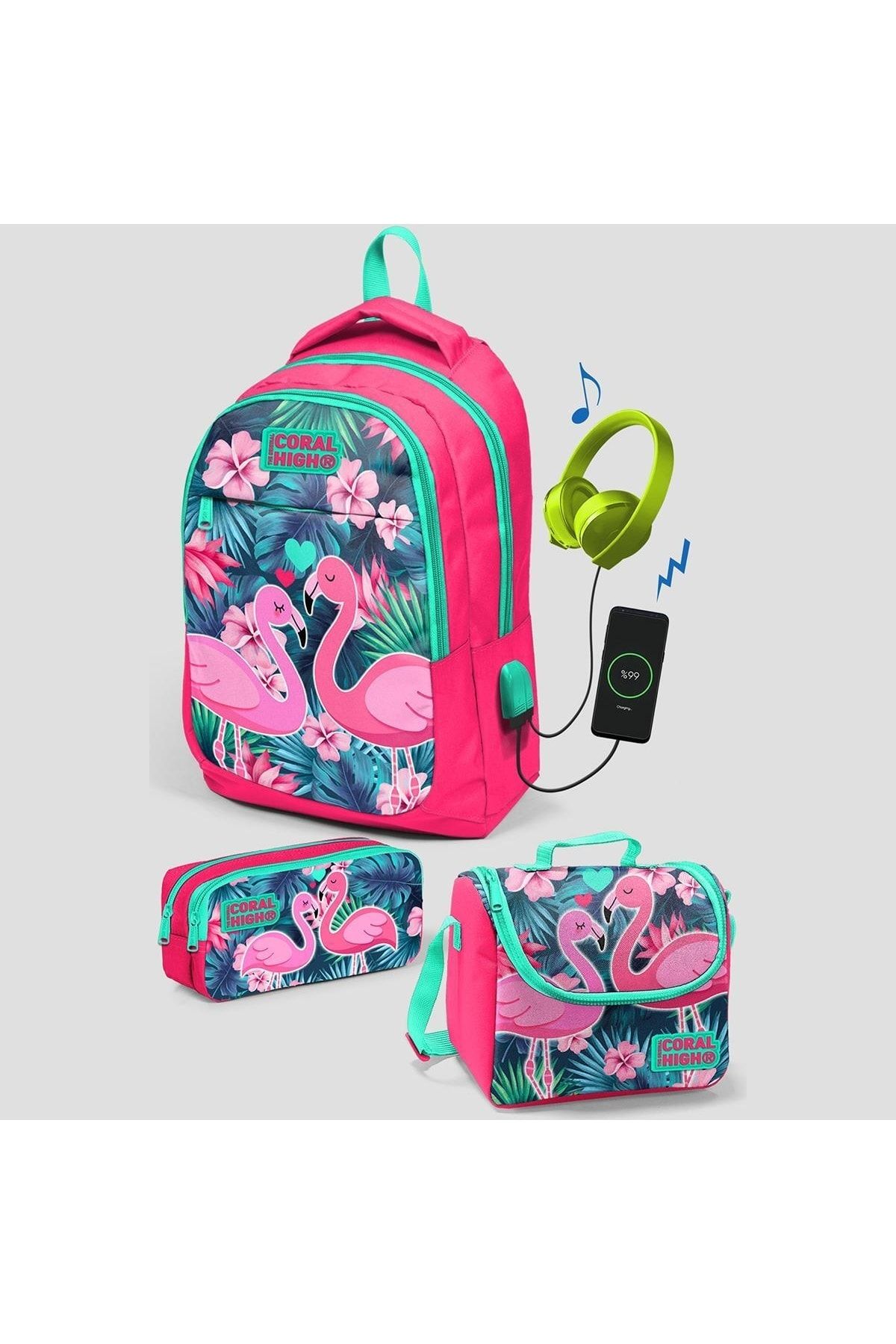 Coral High Kids Neon Mercan Su Yeşili Flamingo Desenli Üç Bölmeli Usb Şarjlı Kulaklık Çıkışlı Okul S