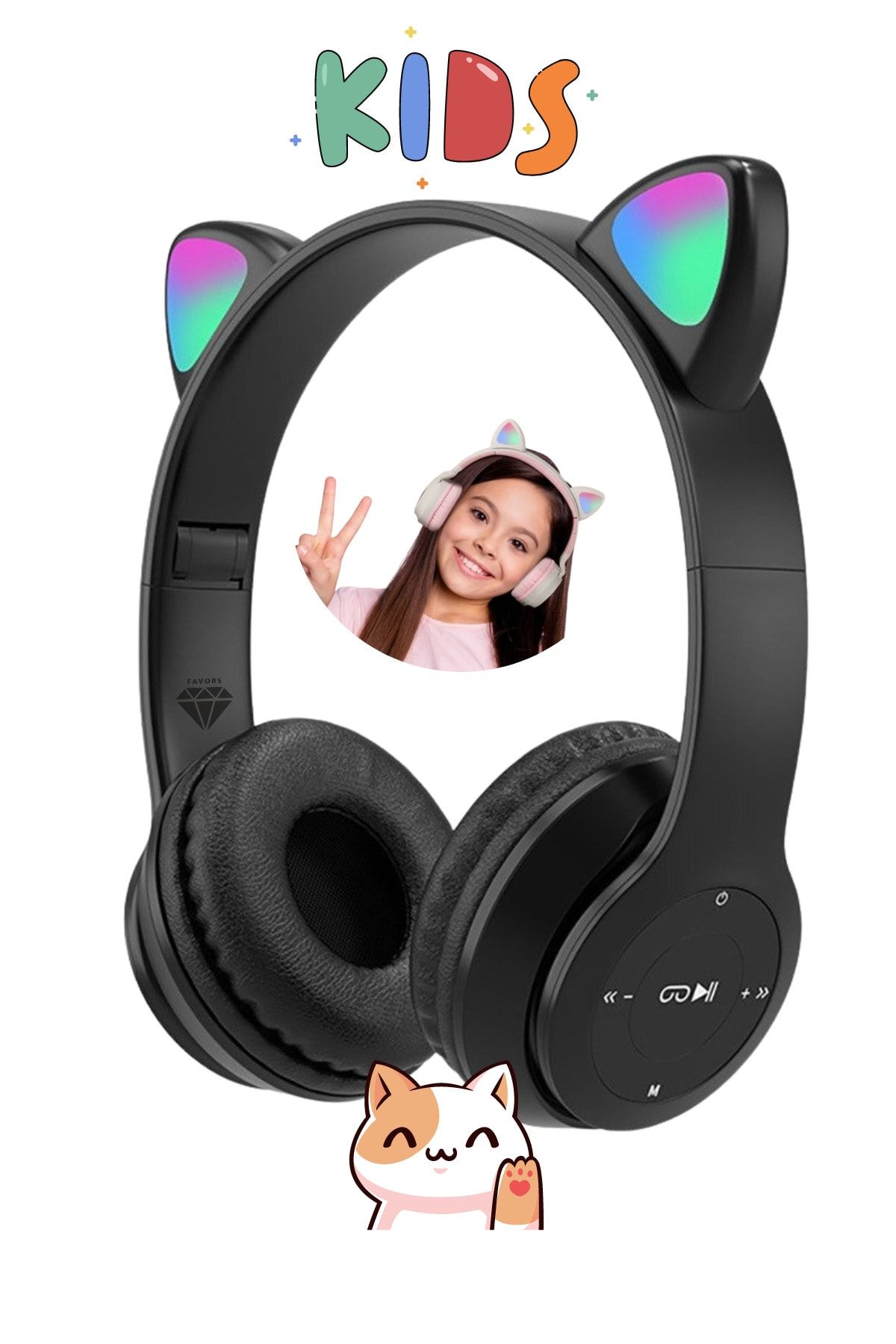 Favors Kedi Kulağı Bluetooth Kablosuz Kulaklık Rengarenk Işıklı Rgb Siyah Çocuk Oyun Kulaklığı Radyolu