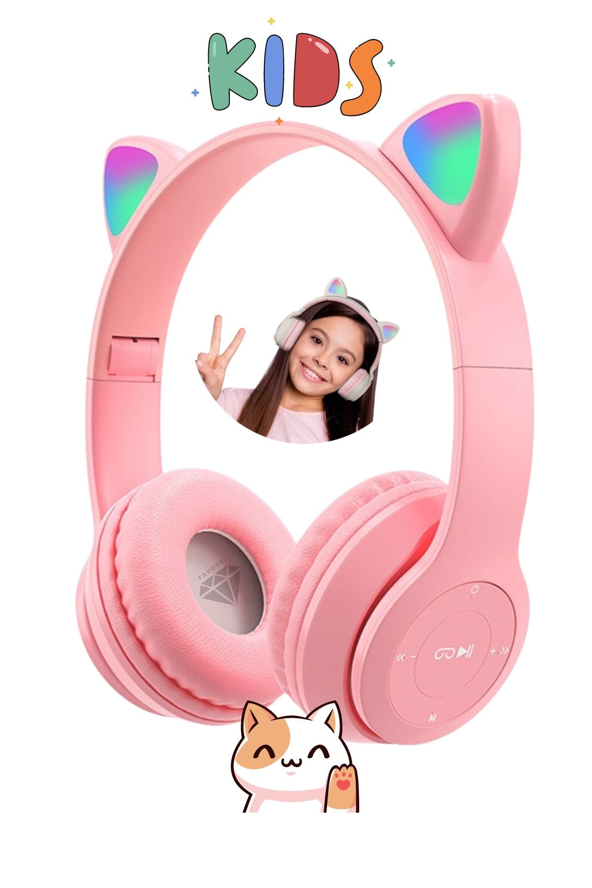 Favors Kedi Kulağı Bluetooth Kablosuz Kulaklık Rengarenk Işıklı Rgb Pembe Çocuk Oyun Kulaklığı Radyolu