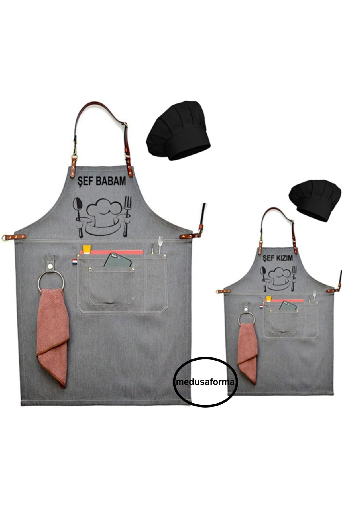 medusaforma Baba Oğul Önlük Takım Çocuk Aşçı Kıyafeti Master Şef Mutfak Önlüğü Chef Önlük Kombinleri - Gri