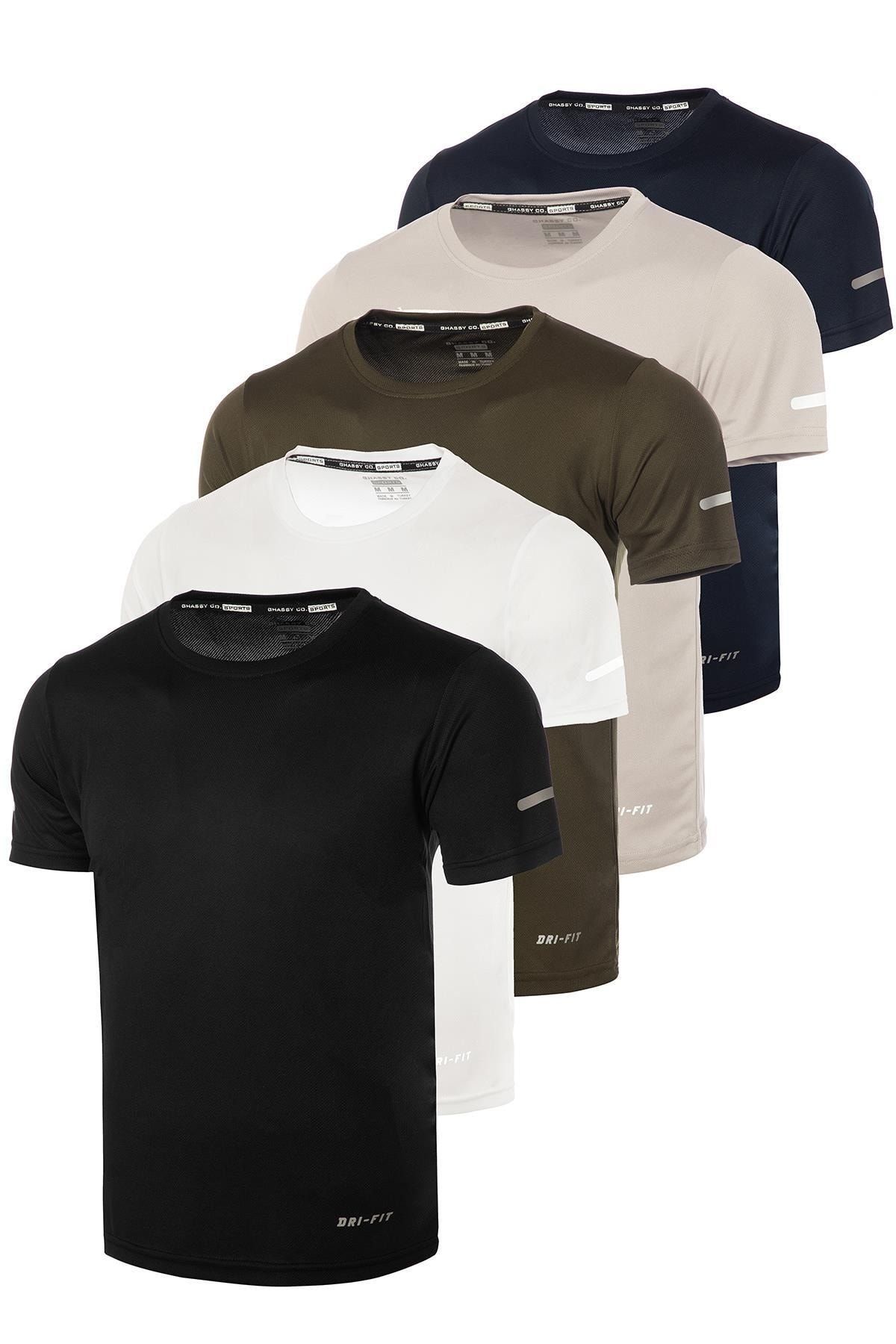 Ghassy Co Erkek 5'li Paket Dry Fit Siyah Lacivert Beyaz Haki Gri Atletik Nem Emici Günlük Tshirt
