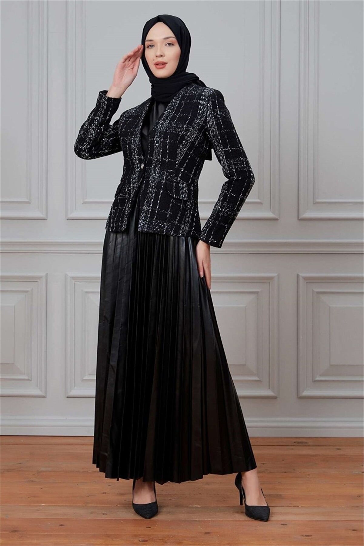 PHELDA Grace Ceket Ve Deri Elbise Kombini 691-siyah