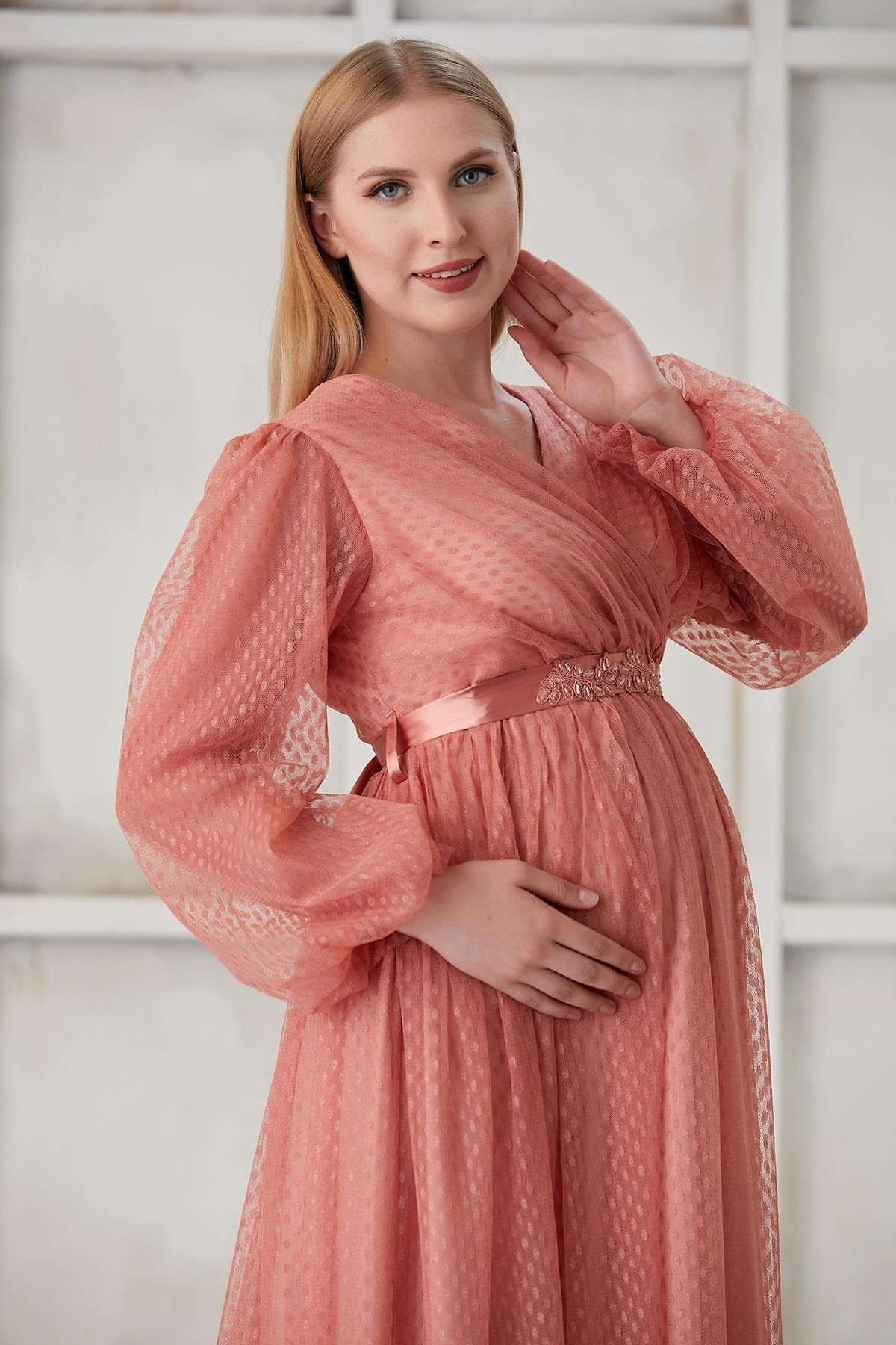 Işşıl A0024-sim Puanlı Tül Maxi Hamile Abiye-babyshower Elbise
