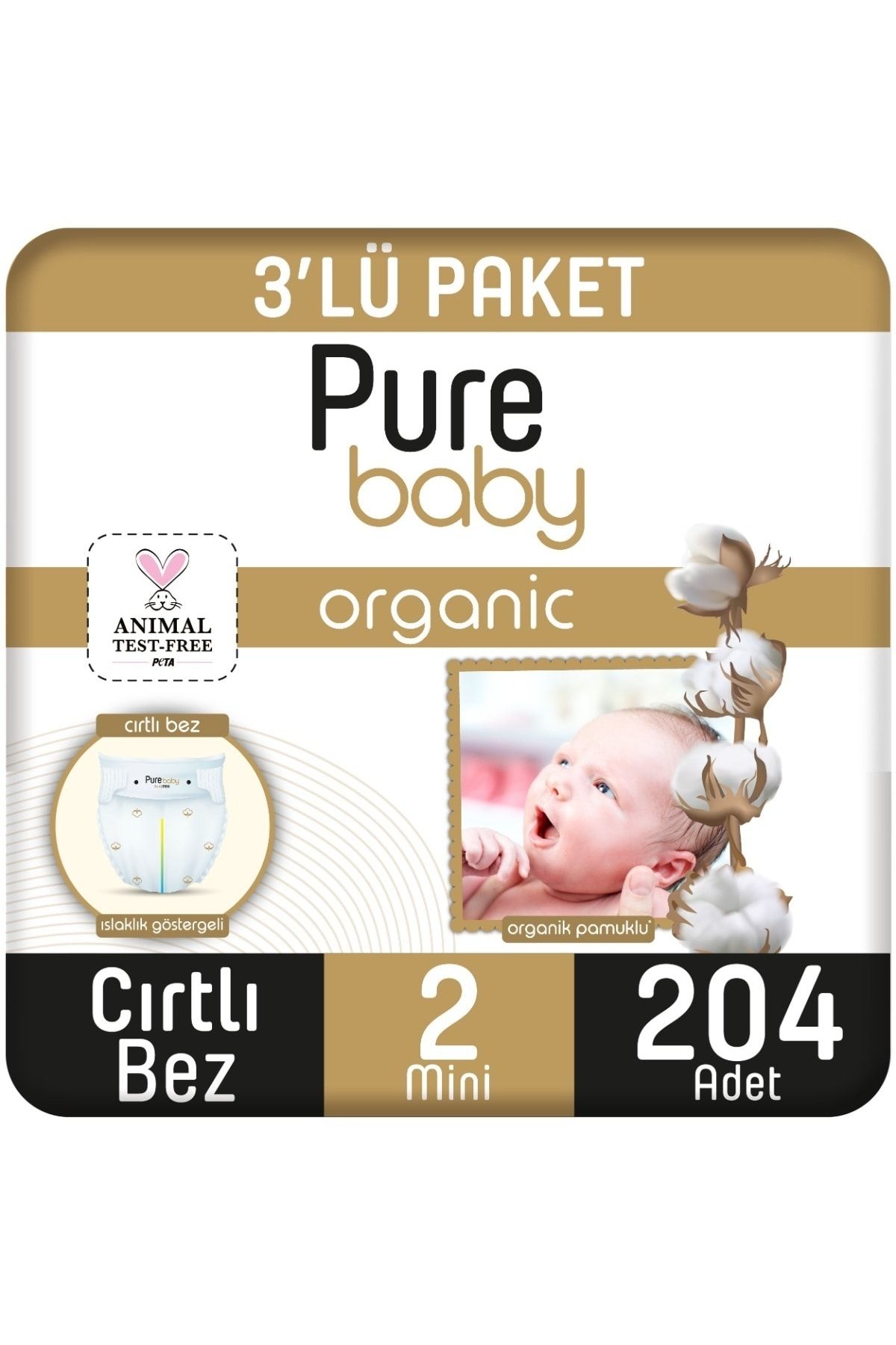 Pure Baby Organik Pamuklu Cırtlı Bez 3'lü Paket 2 Numara Mini 204 Adet