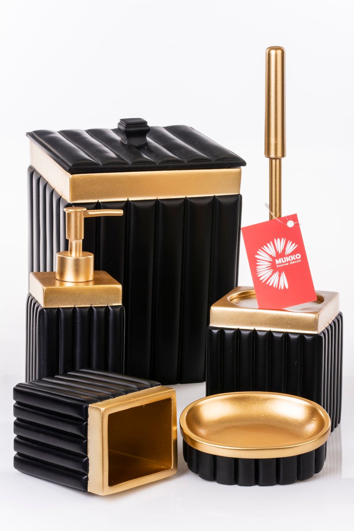 Mukko Home Elegant Siyah & Gold Polyester 5 Prç Banyo Seti