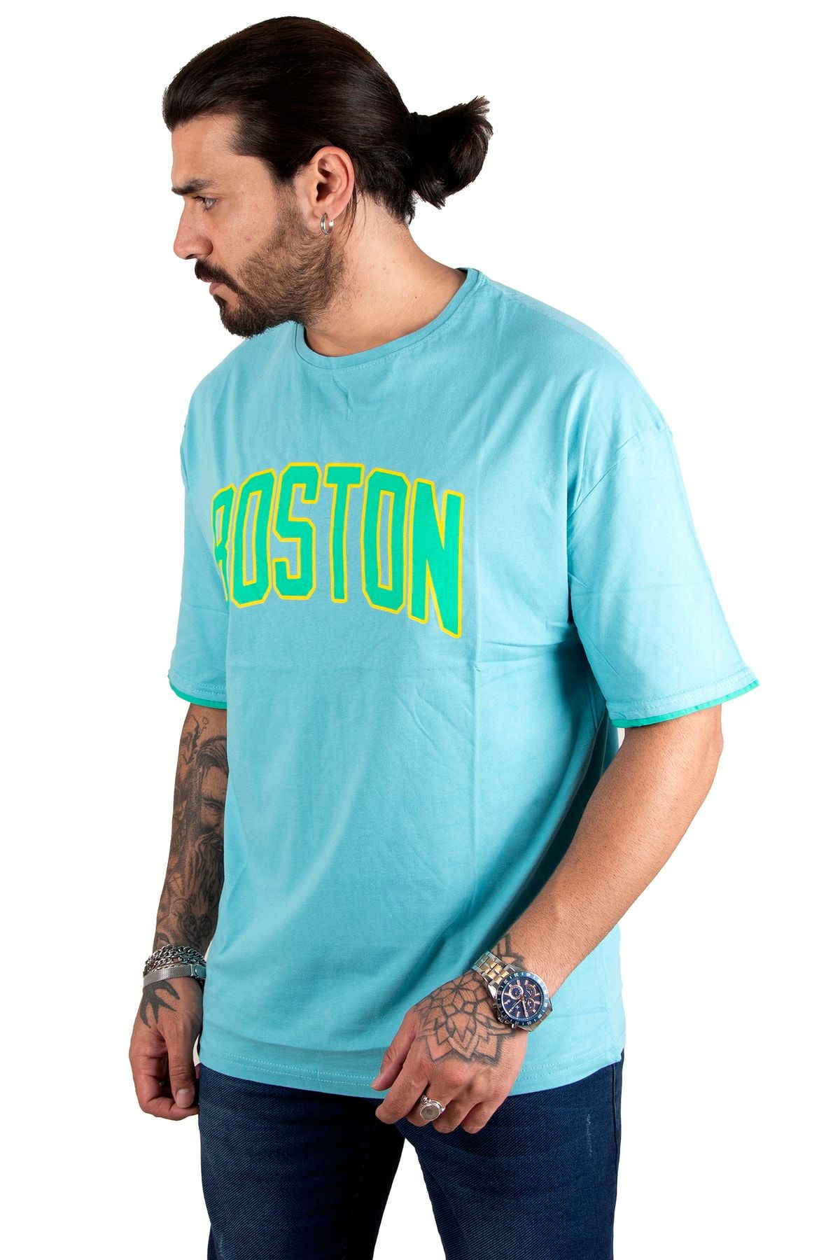 DeepSea Erkek Mavi Boston Yazı Baskılı Oversize Tişört 2200507