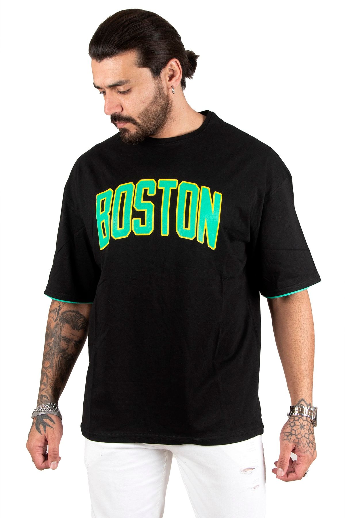 DeepSea Erkek Siyah Boston Yazı Baskılı Oversize Tişört 2200507