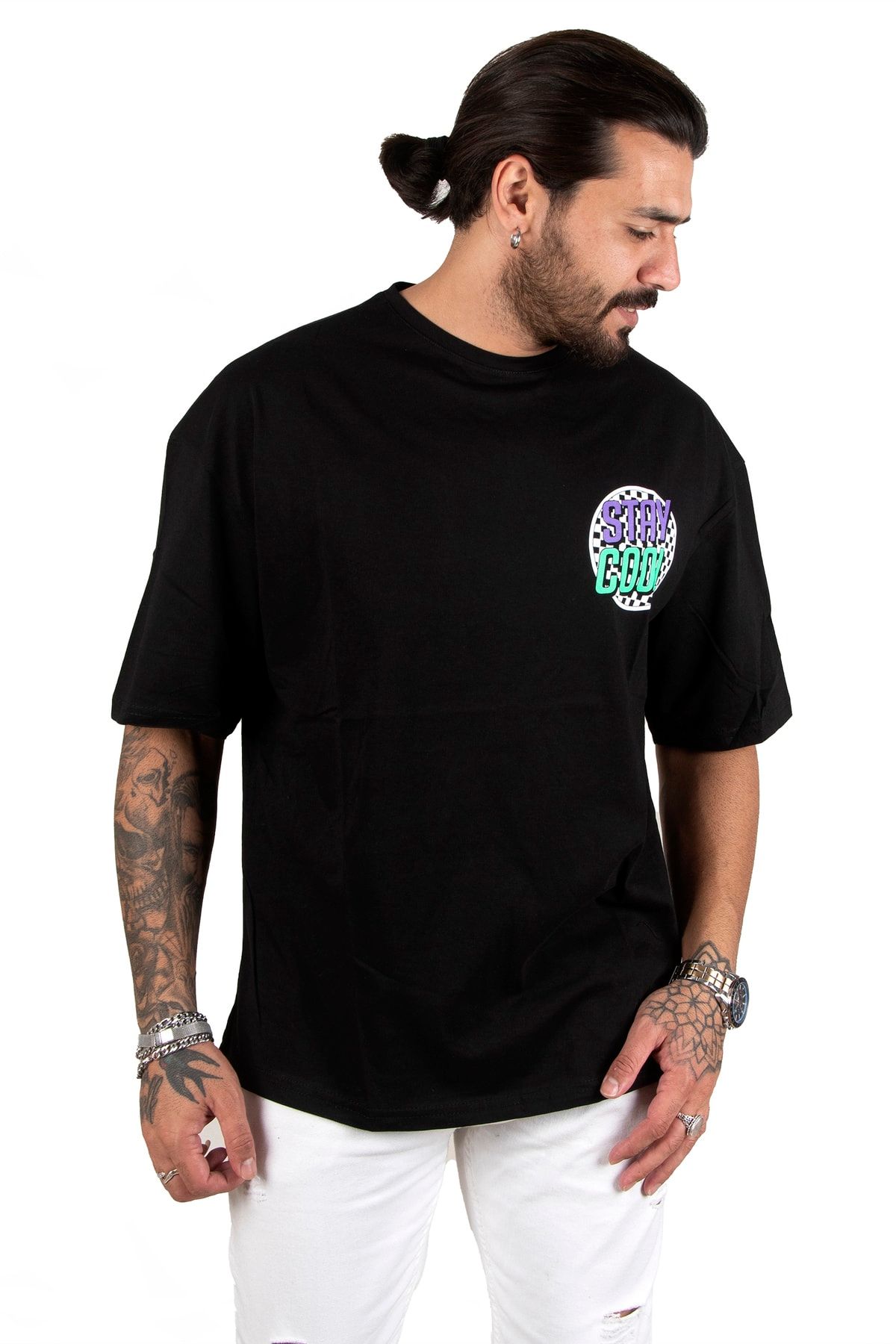 DeepSea Erkek Siyah Önü Ve Arkası Stay Cool Yazı Baskılı Oversize Tişört 2200508