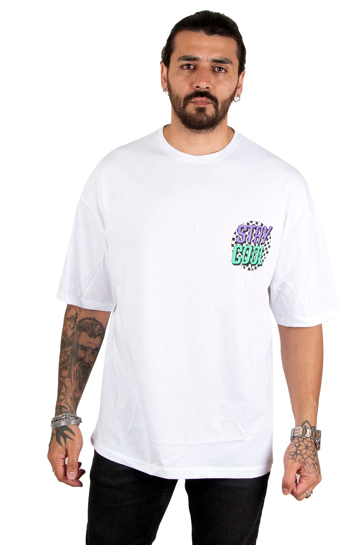 DeepSea Erkek Beyaz Önü Ve Arkası Stay Cool Yazı Baskılı Oversize Tişört 2200508
