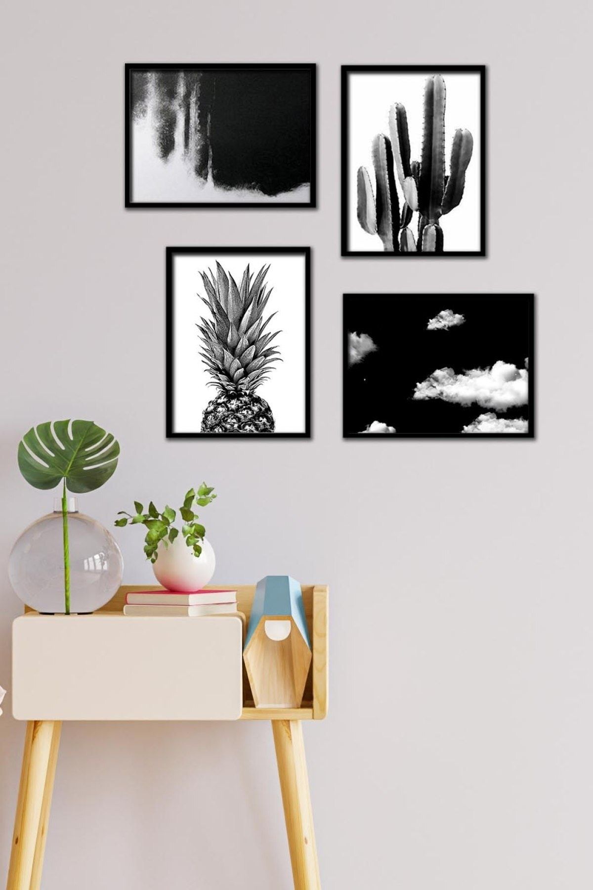 takivis Siyah Beyaz Modern 4 Parça Çerçeve Görünümlü Set Tablo