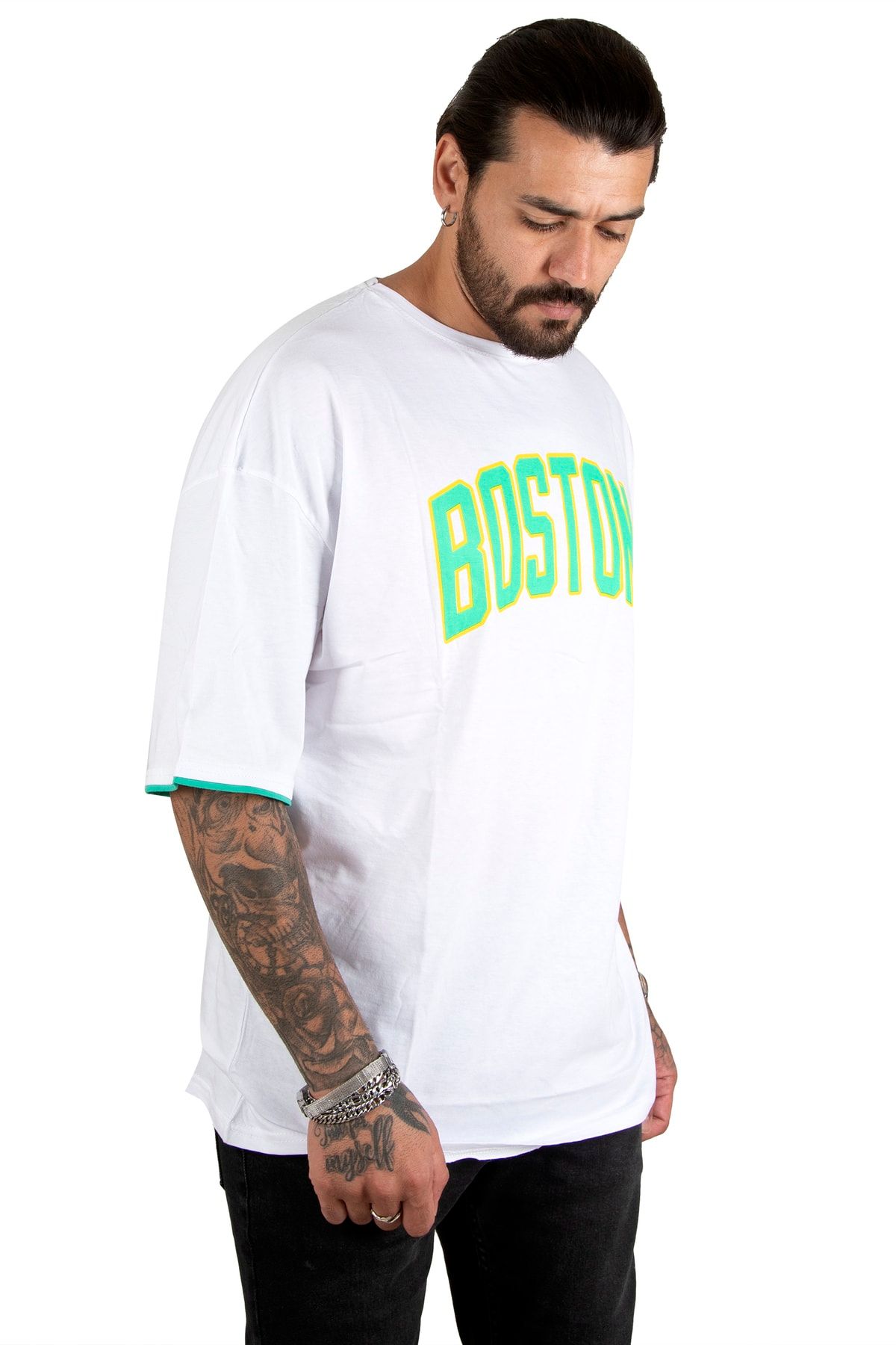 DeepSea Erkek Beyaz Boston Yazı Baskılı Oversize Tişört 2200507