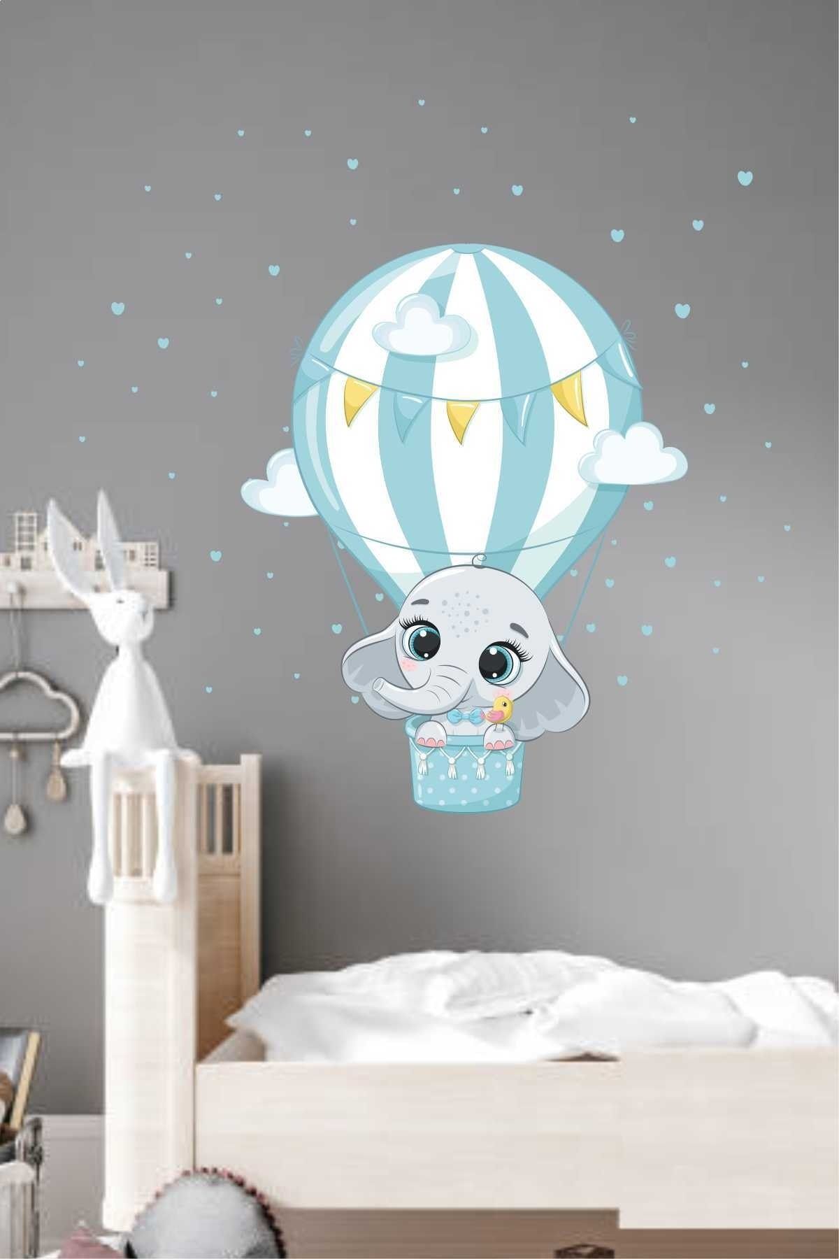 efekt reklam Sevimli Bebek Filin Balonla Macerası Kalpli Çocuk Bebek Odası Duvar Kağıdı Aksesuarları Sticker Seti