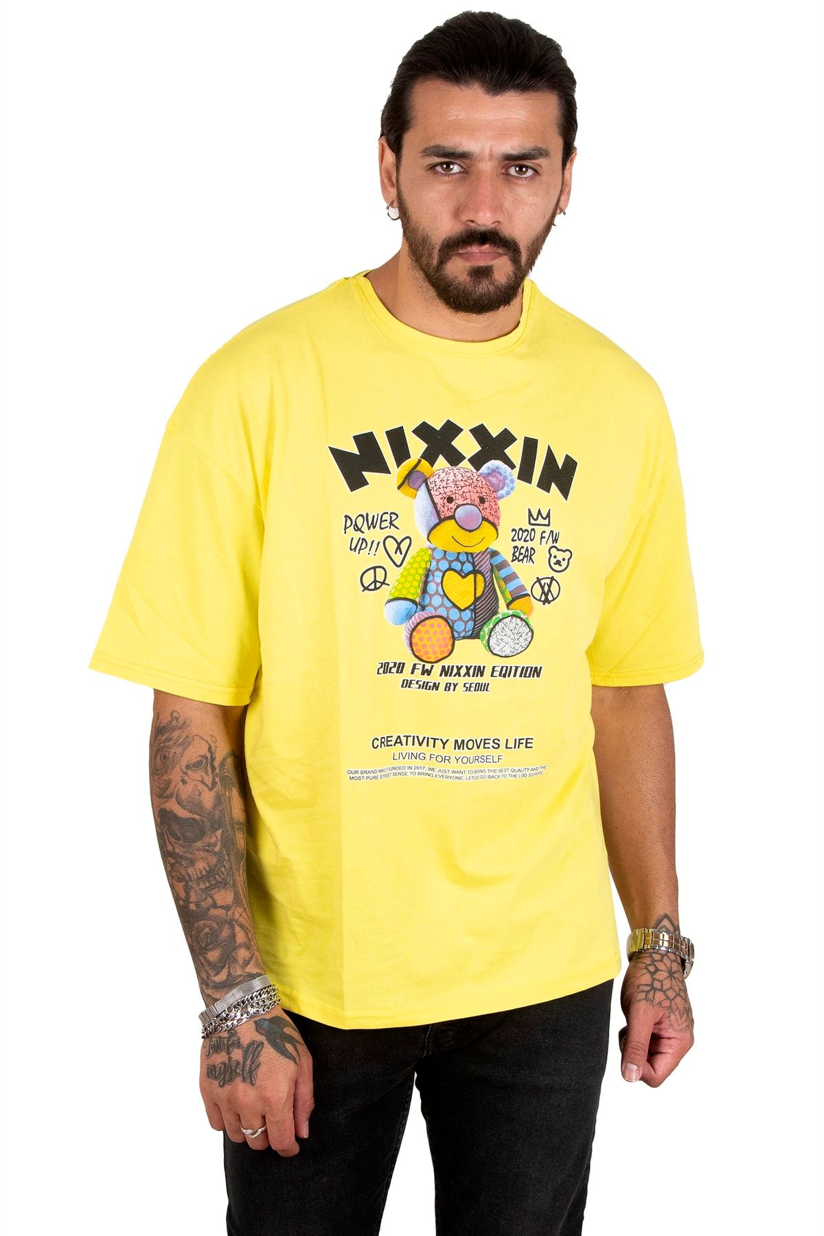 DeepSea Erkek Sarı Önü Yazılı Ayıcık Baskılı Oversize Tişört 2200511