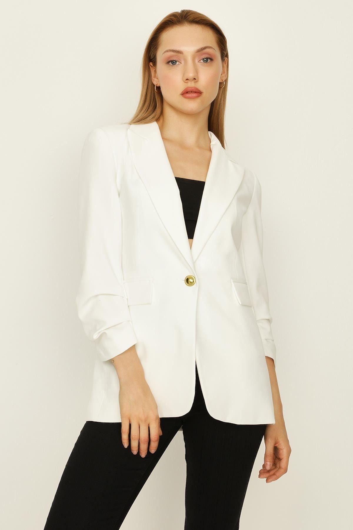 Select Moda Kadın Beyaz Kruvaze Yaka Düğme Kapamalı Blazer Ceket