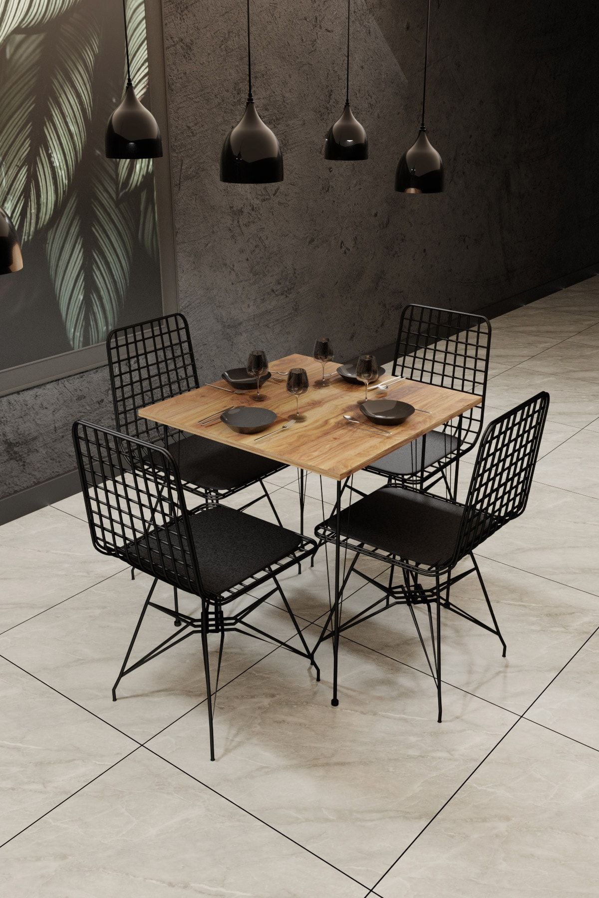Gaga Mobilya Yemek Masa Takımı Mutfak Masası Cafe Masası 4 Adet Tel Sandalye 1 Adet 70*70 Masa