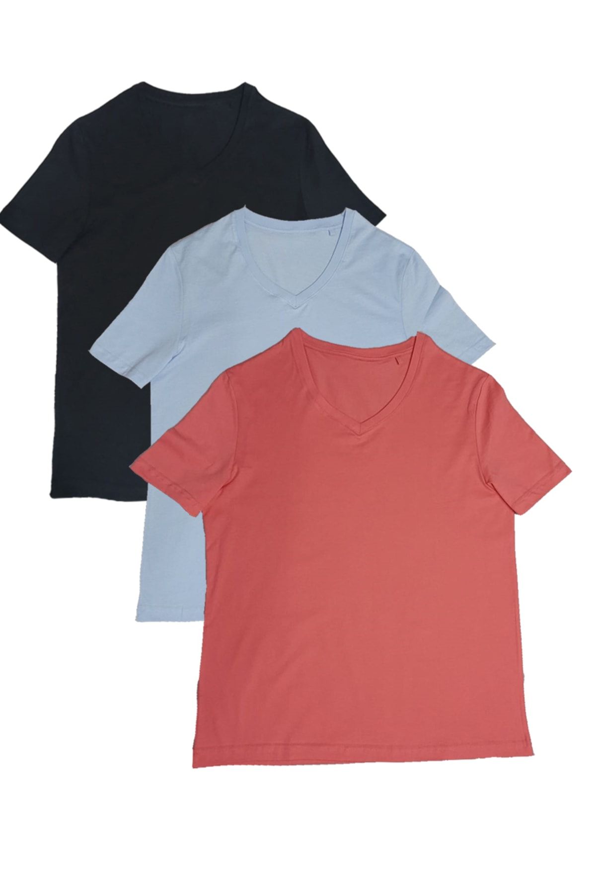 GÜN&AY TEKSTİL Siyah-mavi-yavruağzı %100 Pamuklu Slimfit V Yaka Basic Kadın 3lü T-shirt Paketi