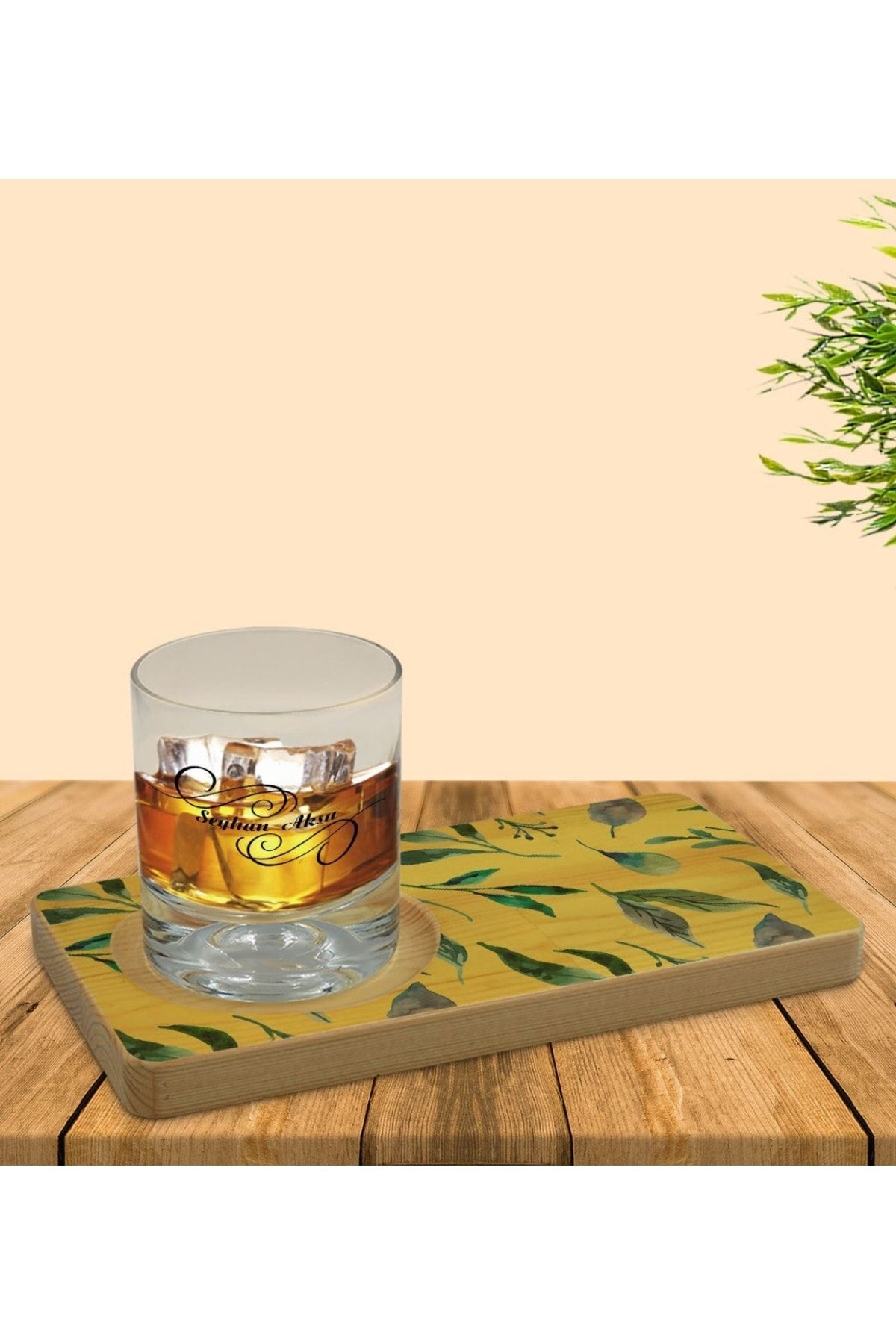 BK Kişiye Özel Yapraklar Tasarımlı Doğal Ahşap Tabaklı Viski Bardağı Sunum Seti Model 4
