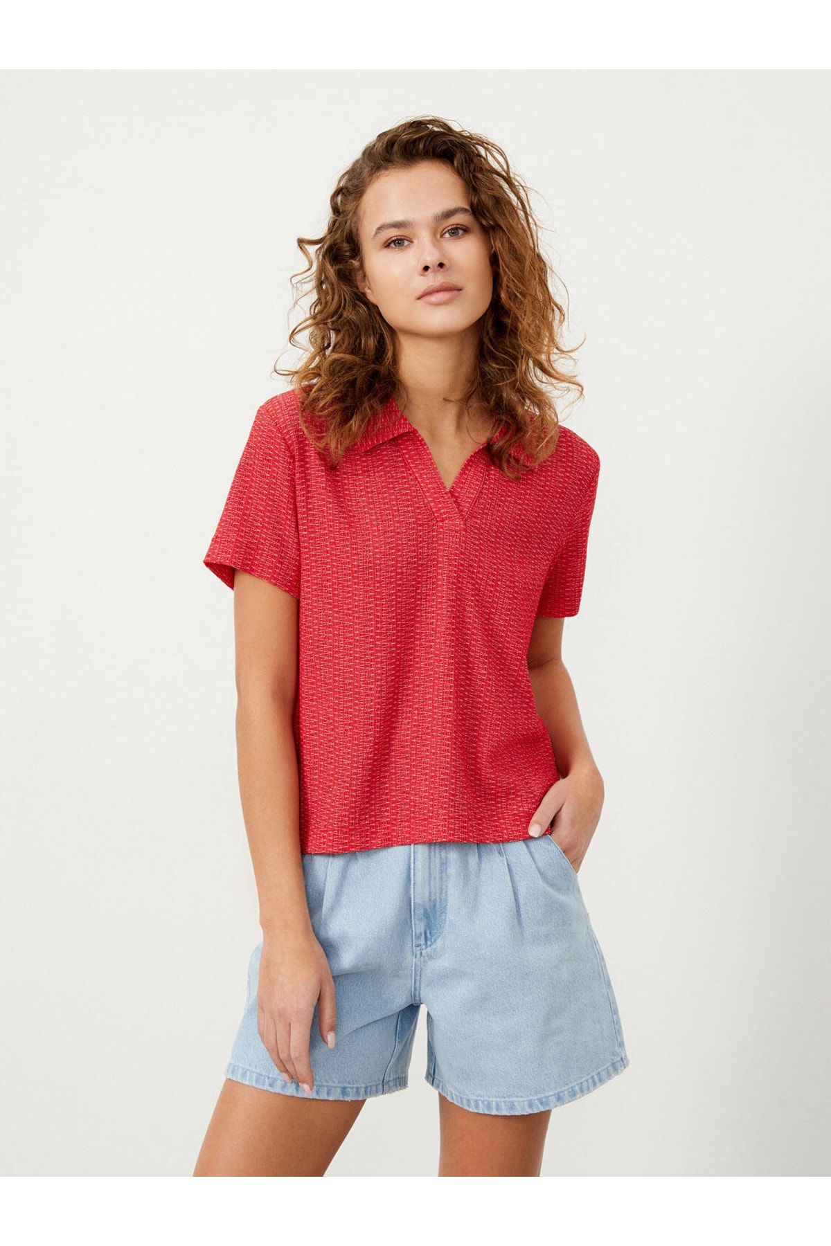 Xint Kadın Kırmızı Polo Yaka Pamuklu Rahat Kesim Tişört