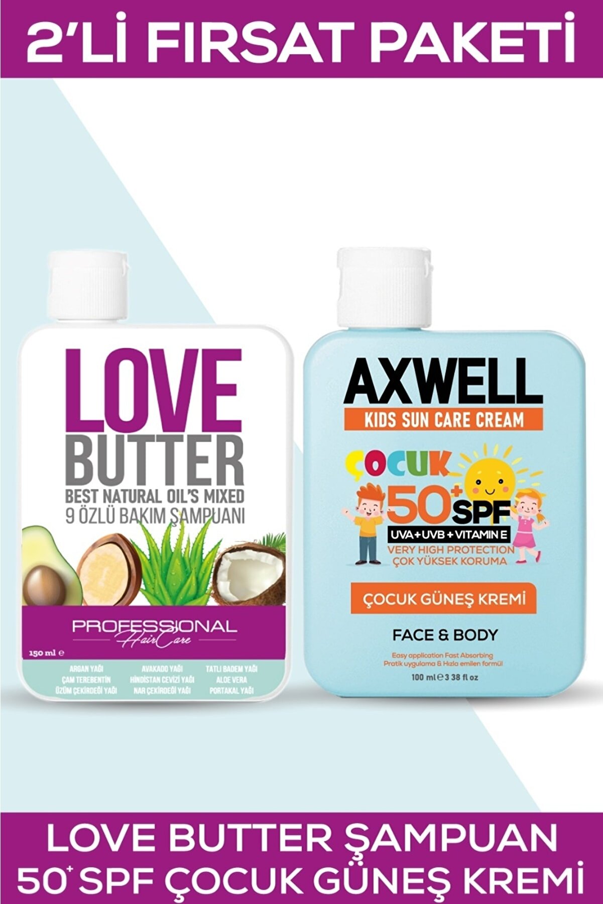 AXWELL Kids Çocuk Güneş Kremi 100 ml + Love Butter 9 Özlü Saç Bakım Şampuanı 150 ml Fırsat Seti