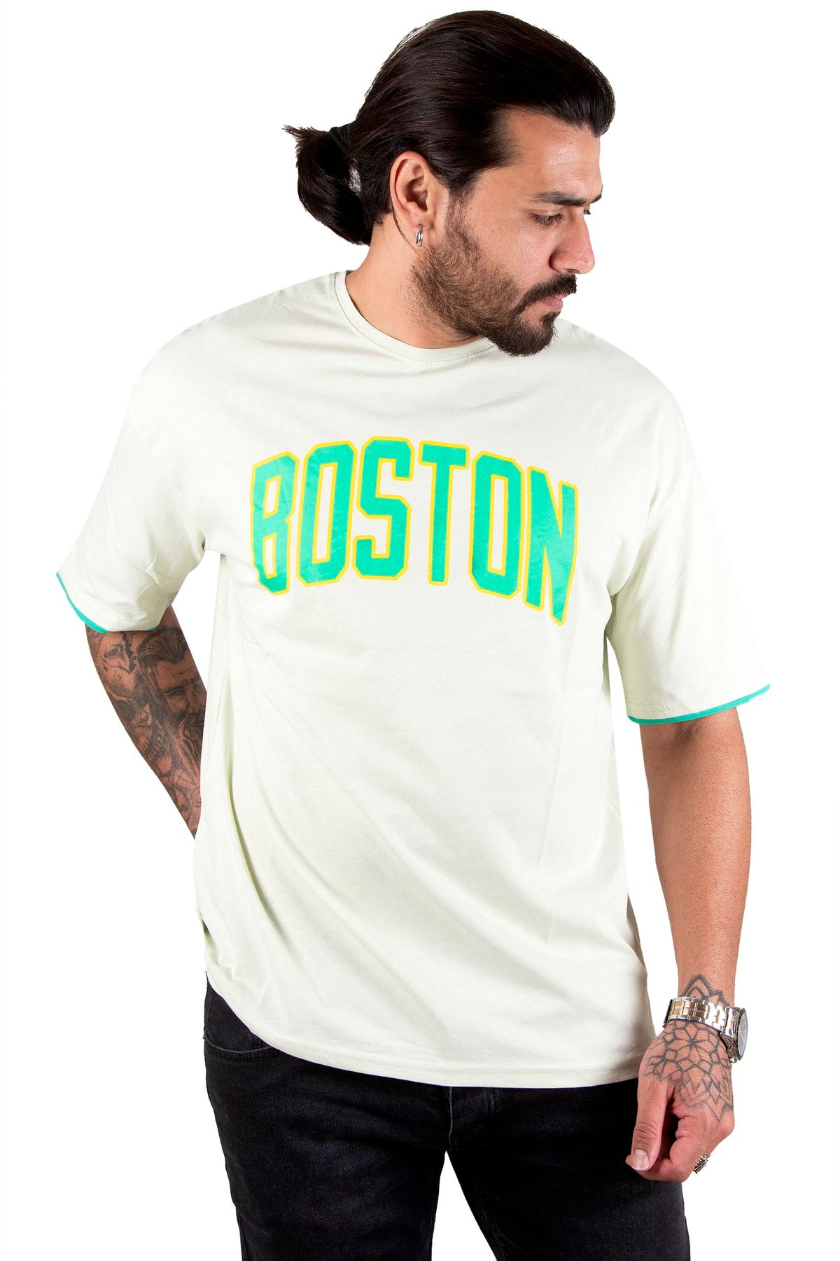 DeepSea Erkek Su Yeşili Boston Yazı Baskılı Oversize Tişört 2200507