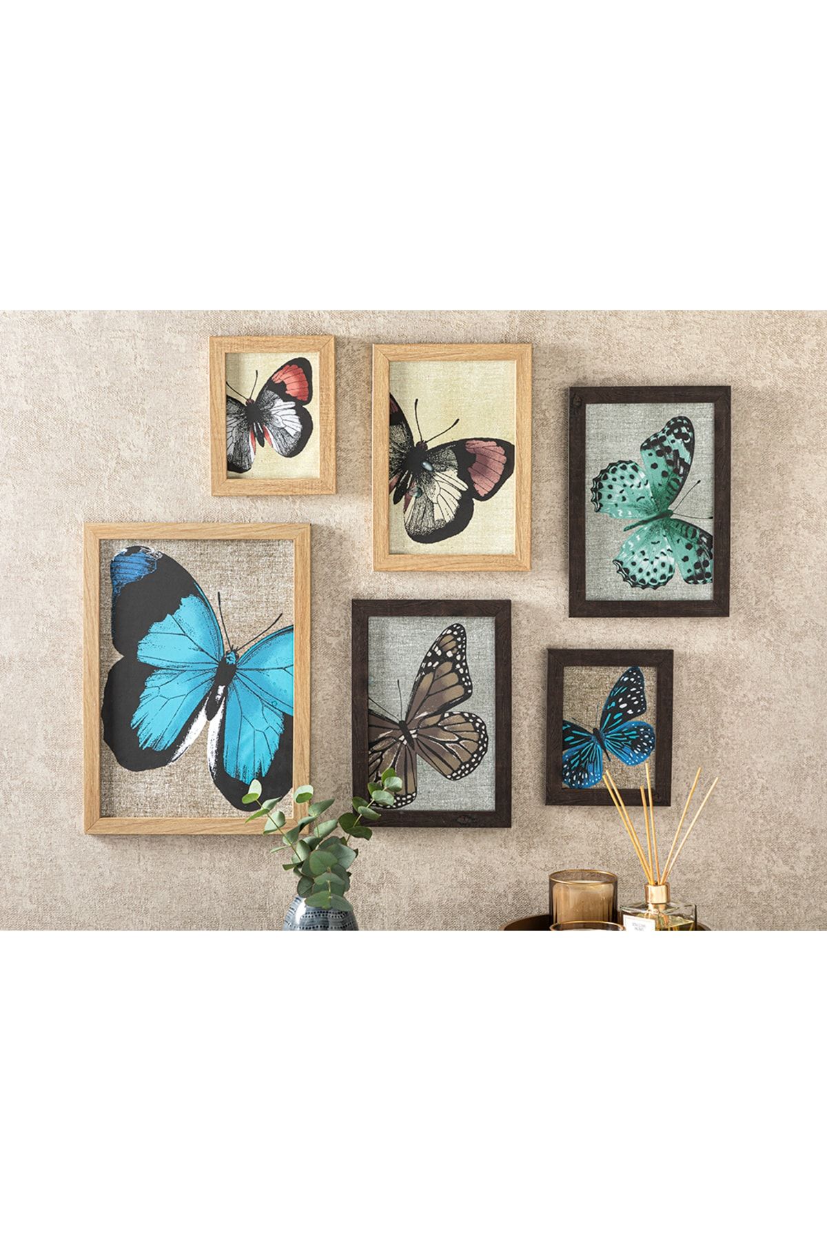 English Home Butterfly 6'lı Tablo 20x30cm+16x21+30x40 Cm Kahve