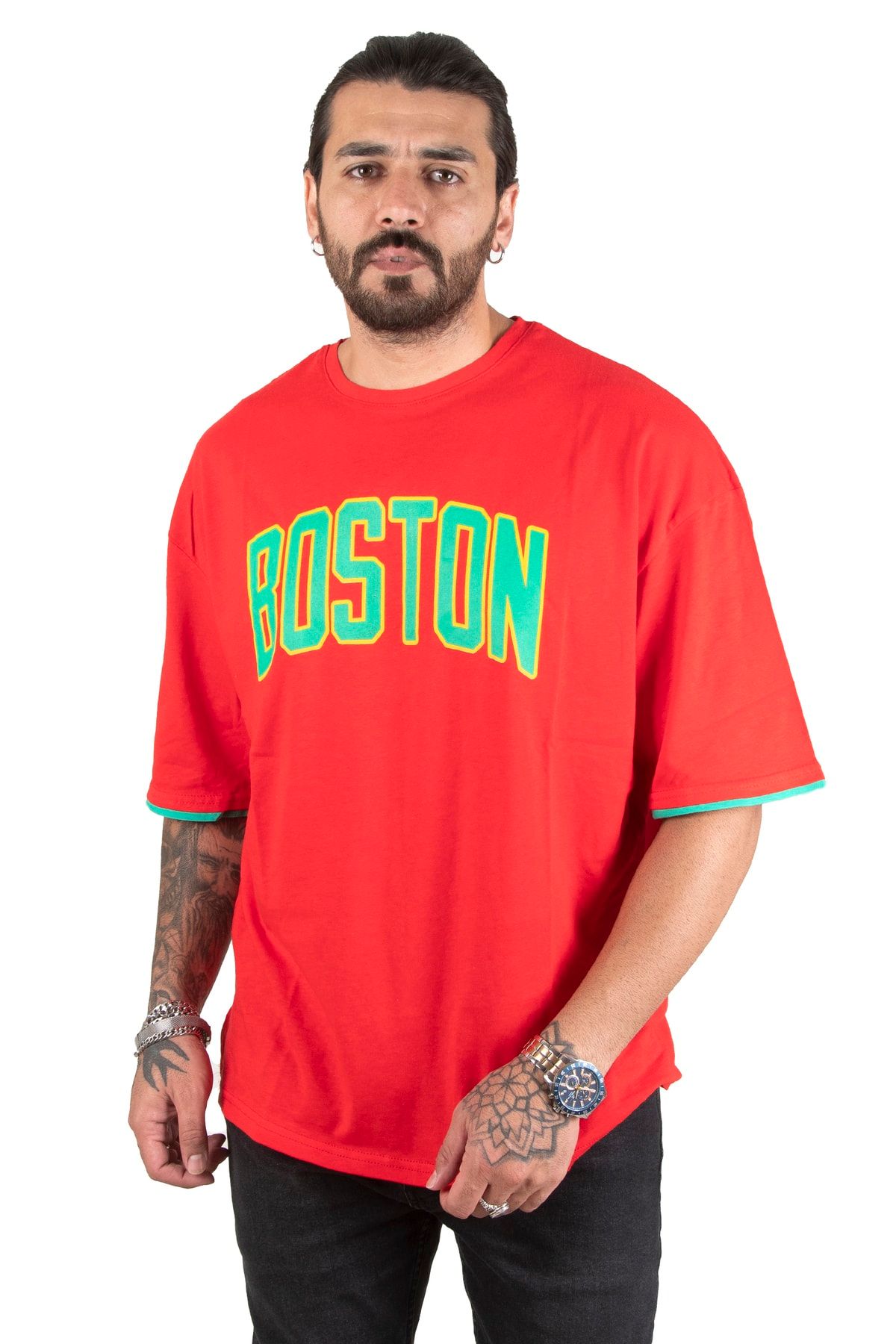 DeepSea Erkek Kırmızı Boston Yazı Baskılı Oversize Tişört 2200507