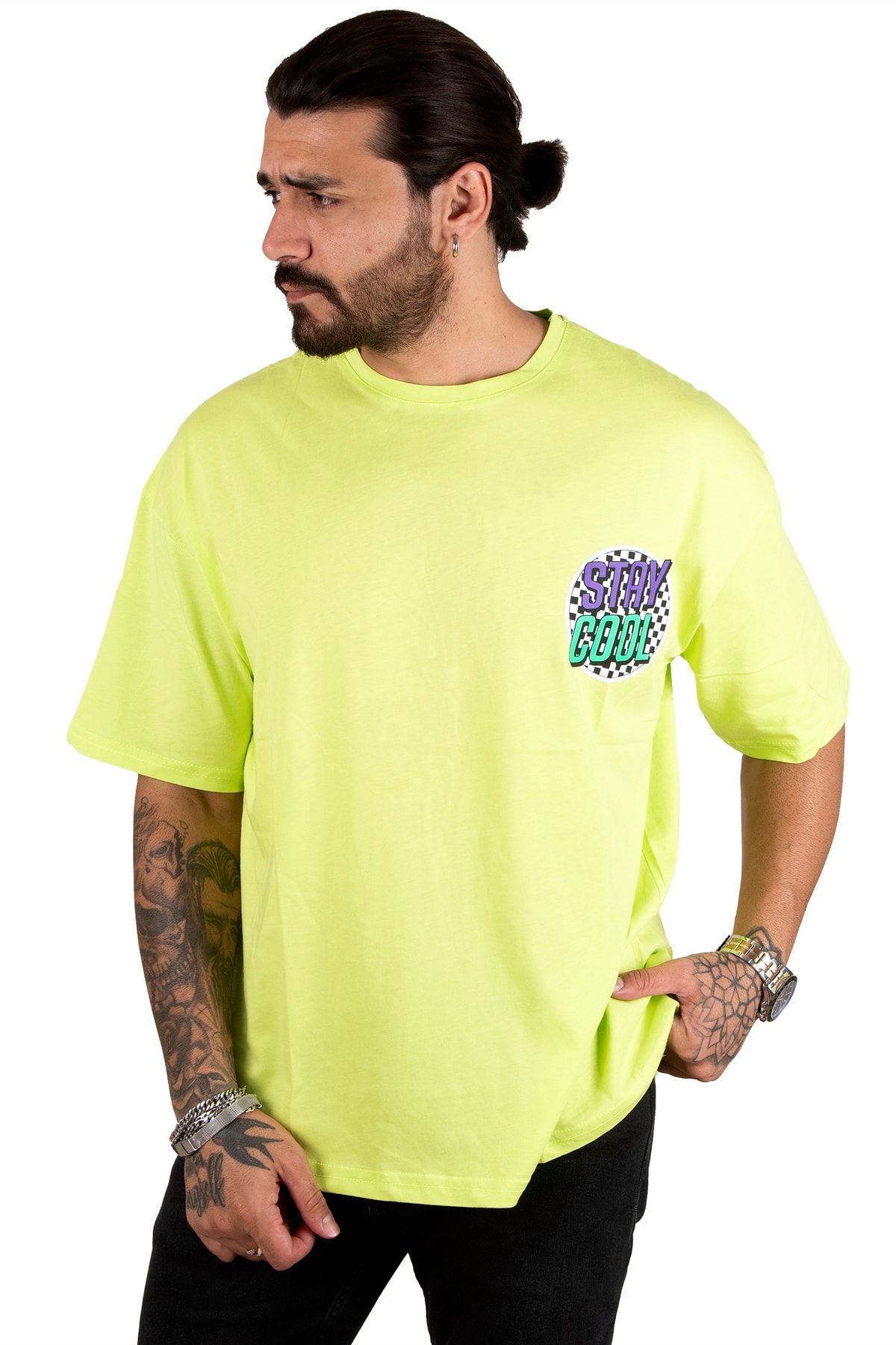 DeepSea Erkek Yeşil Önü Ve Arkası Stay Cool Yazı Baskılı Oversize Tişört 2200508