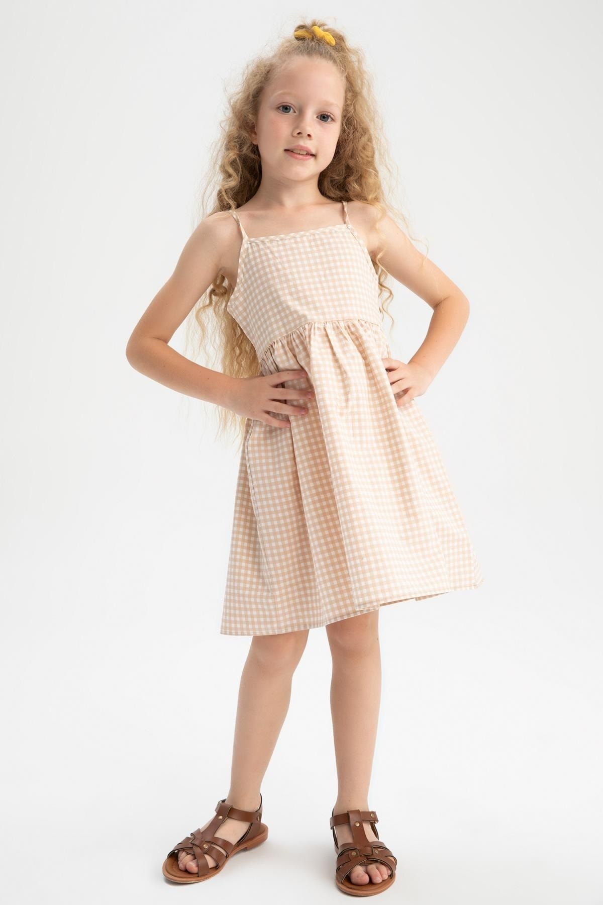 Defacto Kız Çocuk Regular Fit Desenli Askılı Yazlık Poplin Elbise
