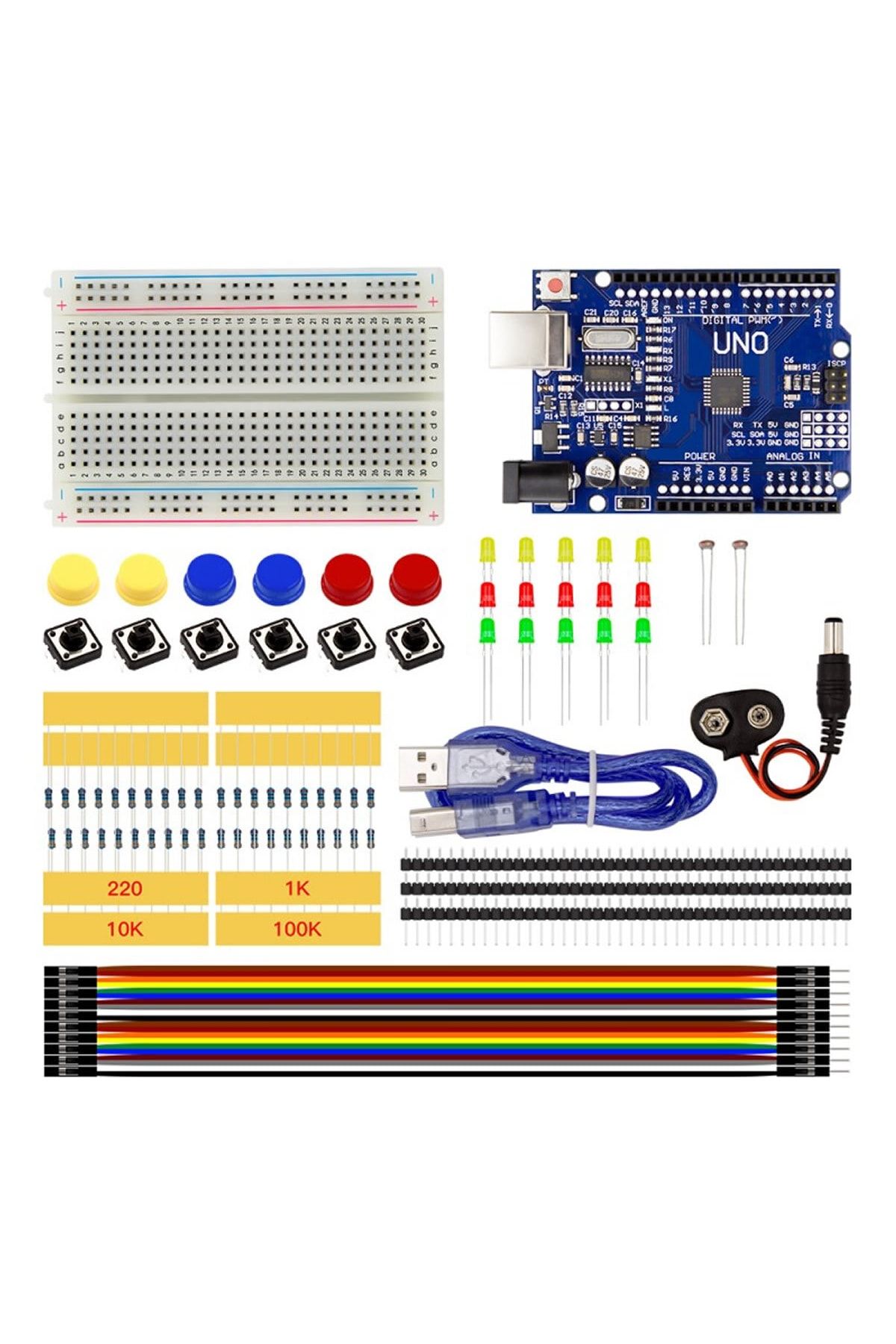 Genel Markalar Arduino Uno Başlangıç Seti 77 Parça Breadboard Direnç Buton Led Kutulu