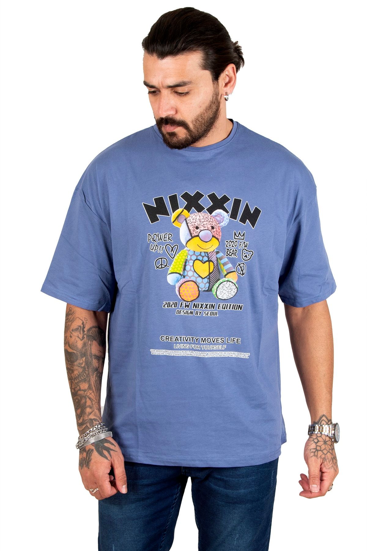 DeepSea Erkek Indigo Mavi Önü Yazılı Ayıcık Baskılı Oversize Tişört 2200511