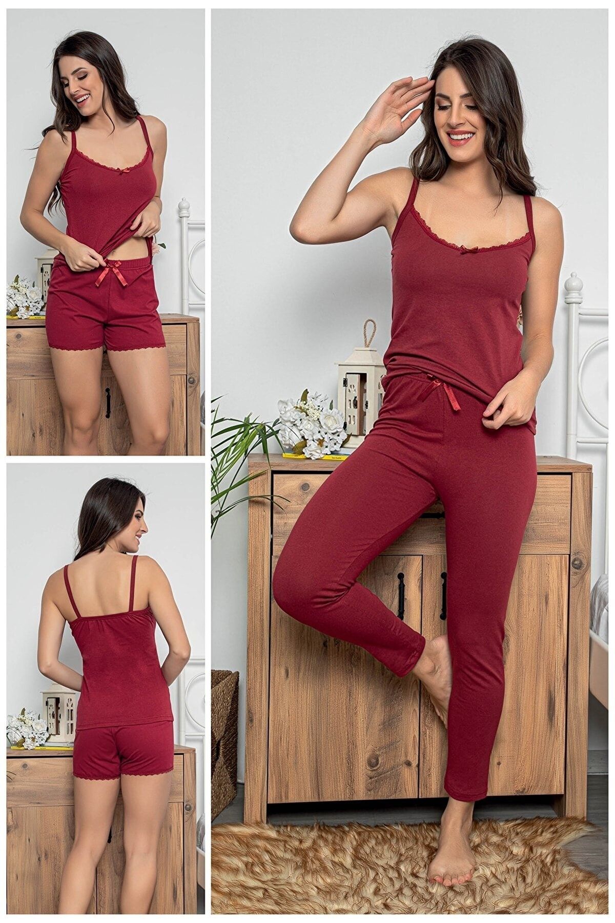 MyBen Kadın Bordo Renkli Dantel Detaylı Şortlu Ve Taytlı Pijama Takımı 3'lü Set 75018