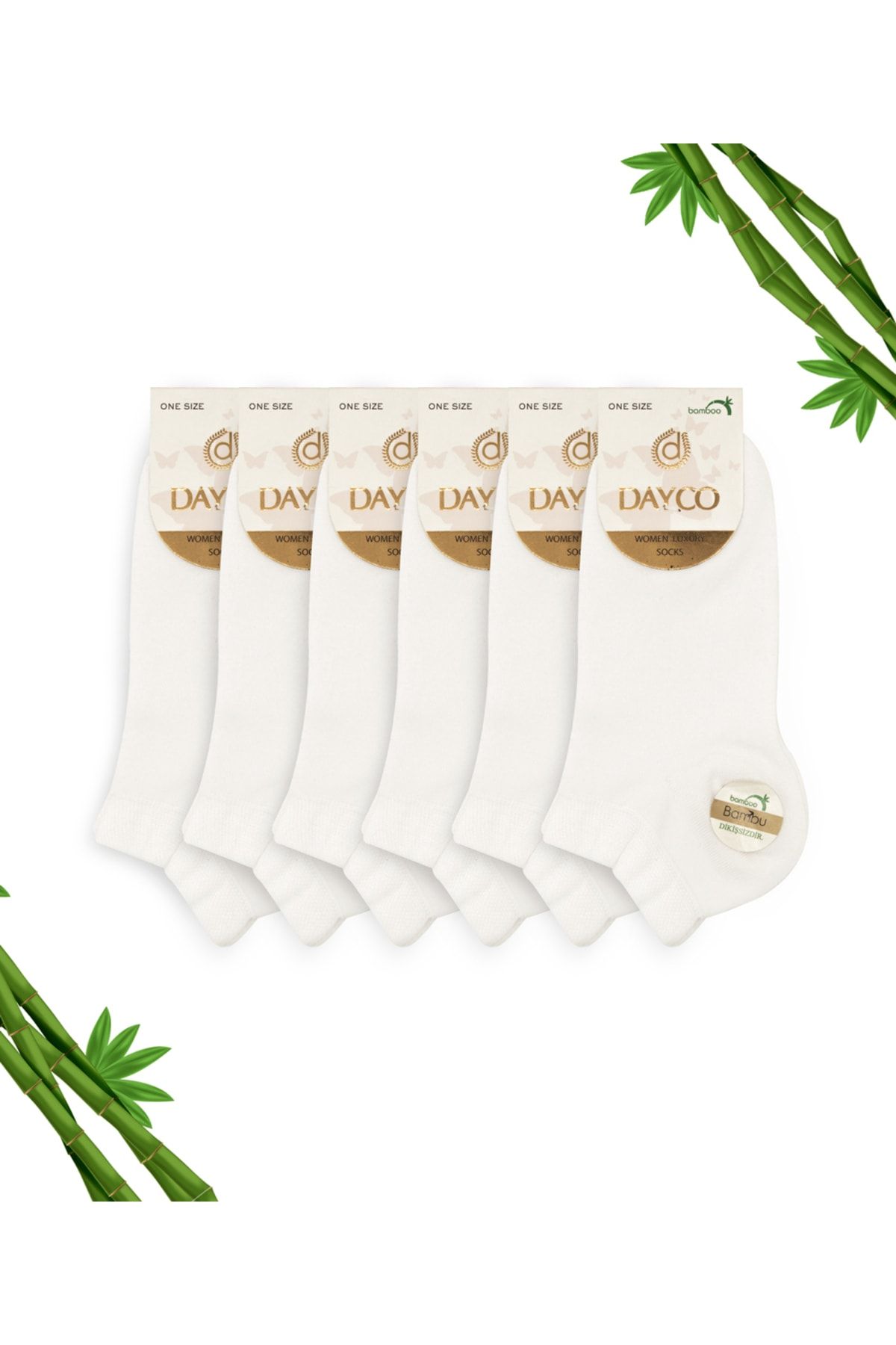 DAYCO Premium Dikişsiz Kadın Bambu Patik Çorap 6'lı Beyaz Set - 10553-b