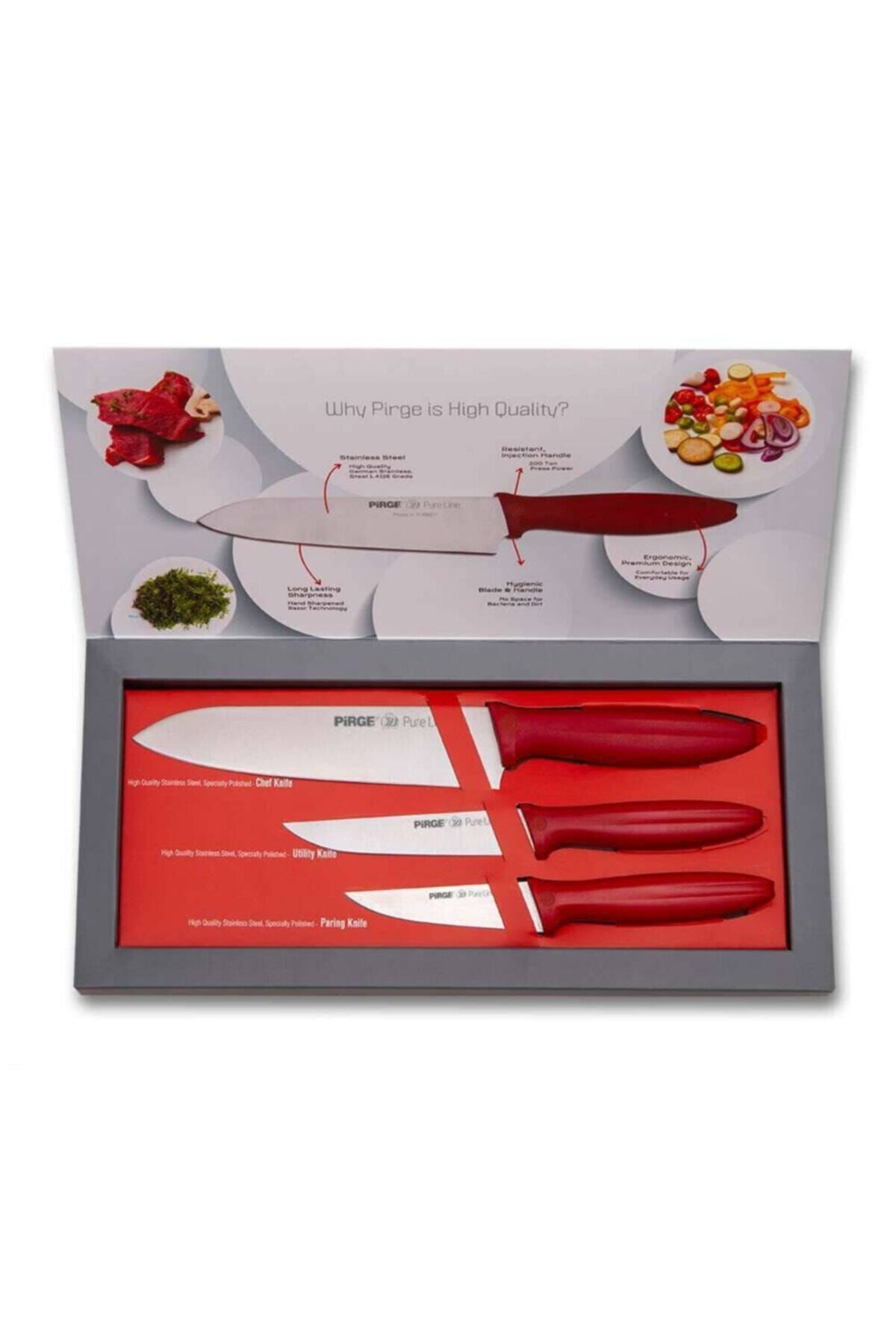 Pirge Pure Line 3'lü Set Kutusunda Şef Bıçağı Doğrama Bıçağı Meyve Bıçağı Keskin Ve Hafif