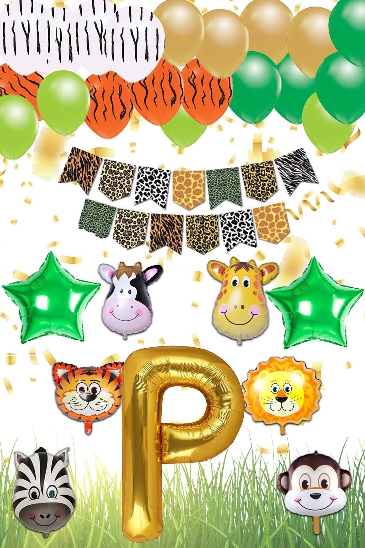 Patladı Gitti Safari Konsepti P Harfli Doğum Günü Parti Kutlama Seti; Harf Ve Yıldız Folyo, Banner Ve Balon Zincir