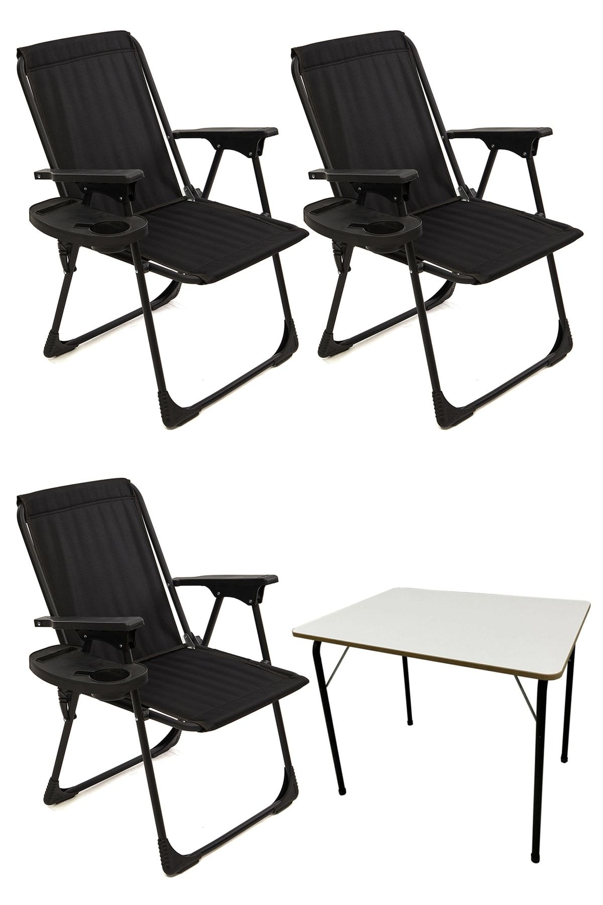 moniev Natura 3 Adet Kamp Sandalyesi Katlanır Piknik Sandalye Oval Bardaklıklı Siyah Katlanır Mdf Masa