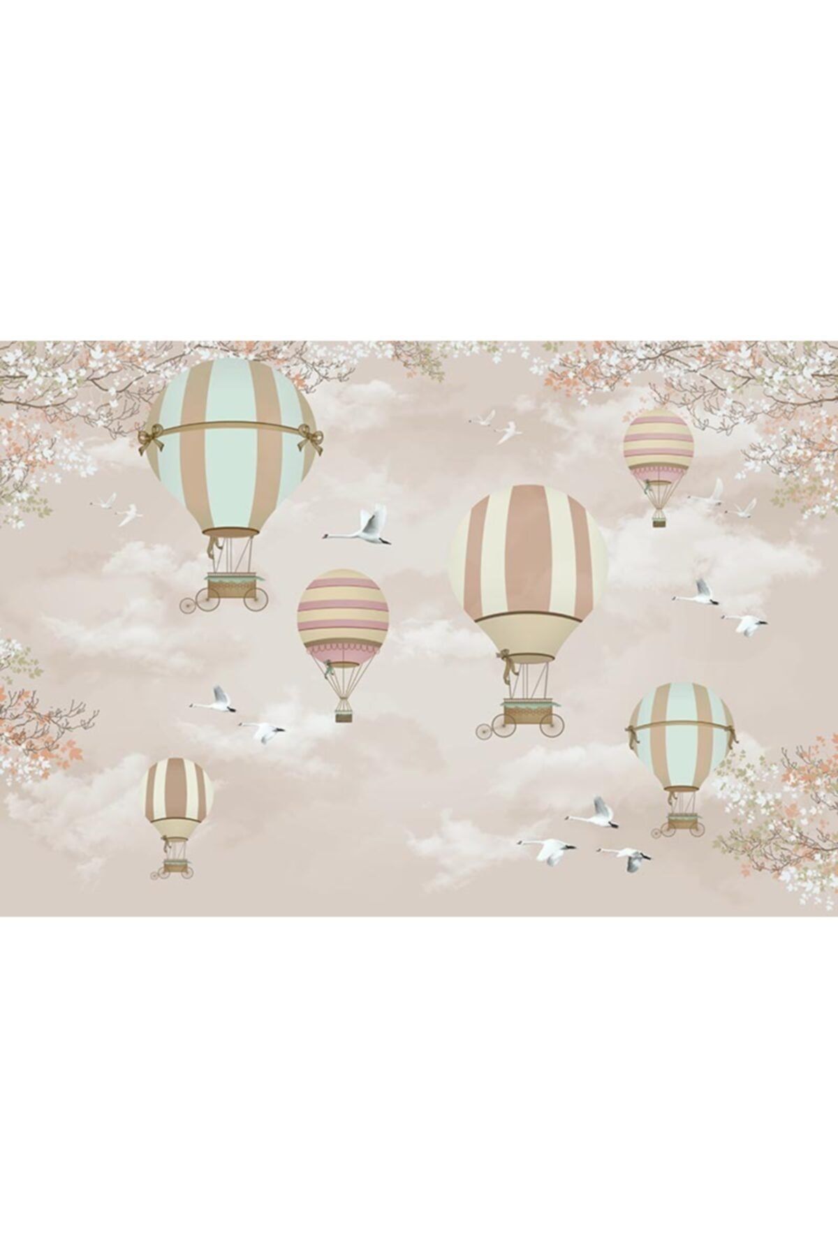 Özen Duvar Kağıtları Uçan Balonlar - Çiçekler Ve Kuşlar Çocuk Odası Duvar Kağıdı