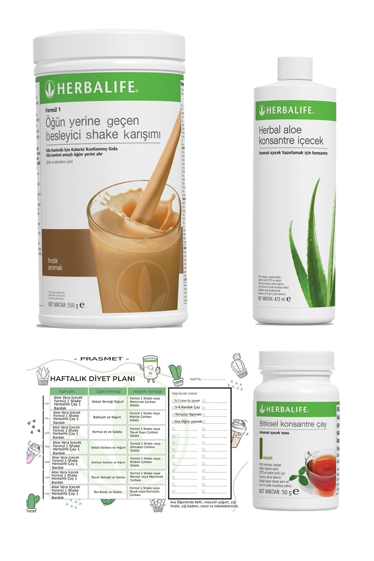 Herbalife 3'lü Set - Fındık Shake + Klasik Aroma Çay + Aloe Vera + Diyet Listesi