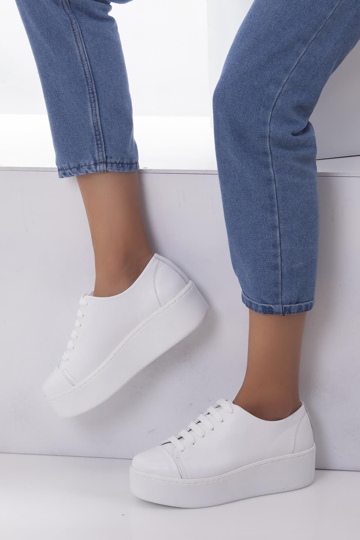 Deripabuc Hakiki Deri Beyaz Kadın Deri Sneaker Trc-0605