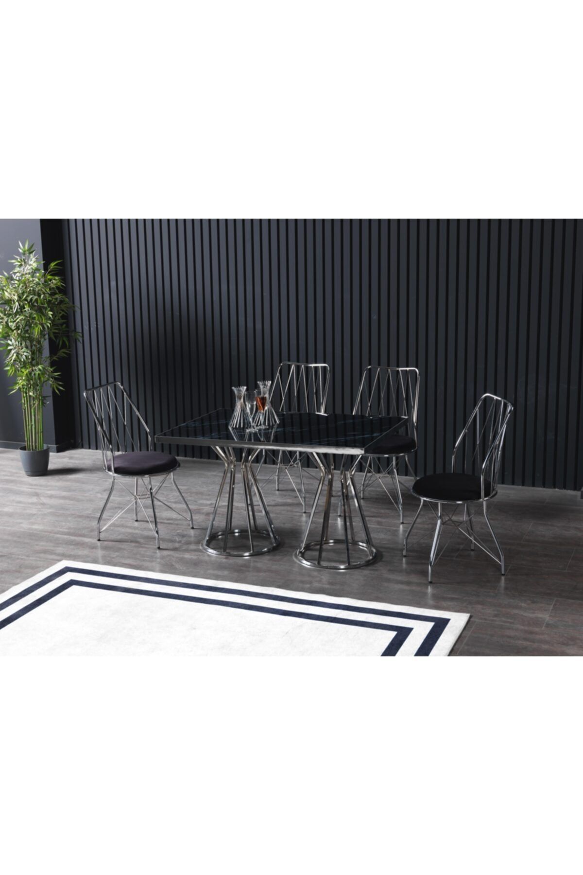 Ressa Home Meyra 4 Kişilik Siyah Mermerli Mutfak Masası Takımı-gümüş Baklava 80x120 Cm