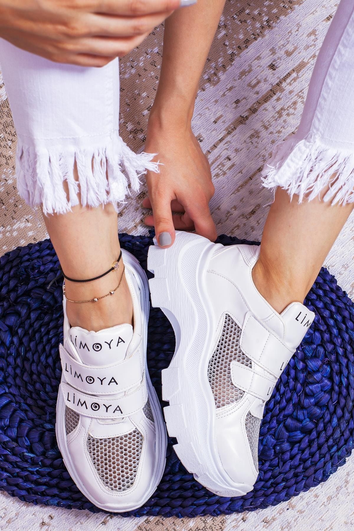 Limoya Kadın Beyaz Katie Cırt Cırtlı Fileli Yüksek Tabanlı Sneaker