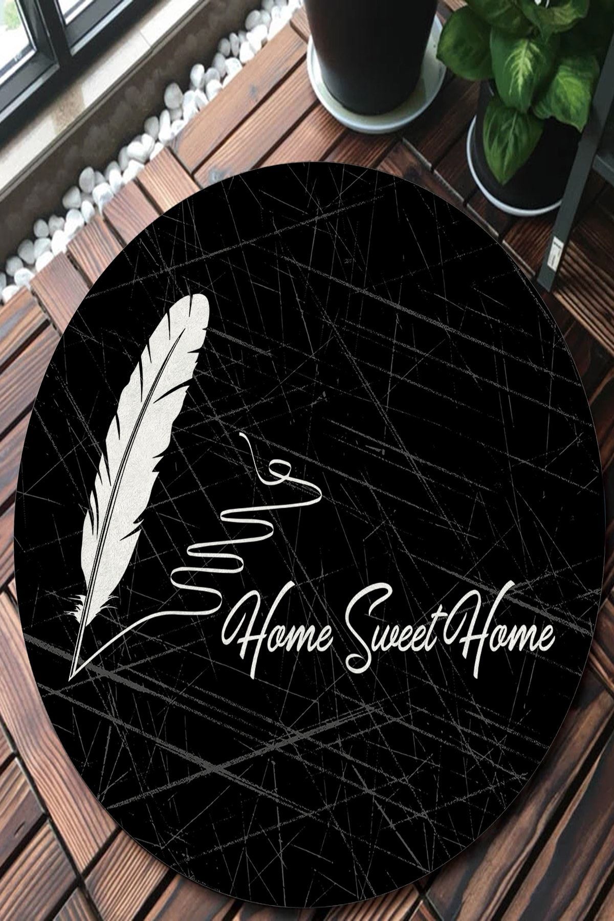 CAPPİO HALI Tüy Desenli Home Sweet Home Yazılı Yuvarlak Halı (makinada Yıkanabilir Kaymaz Deri Taban) - Cp397