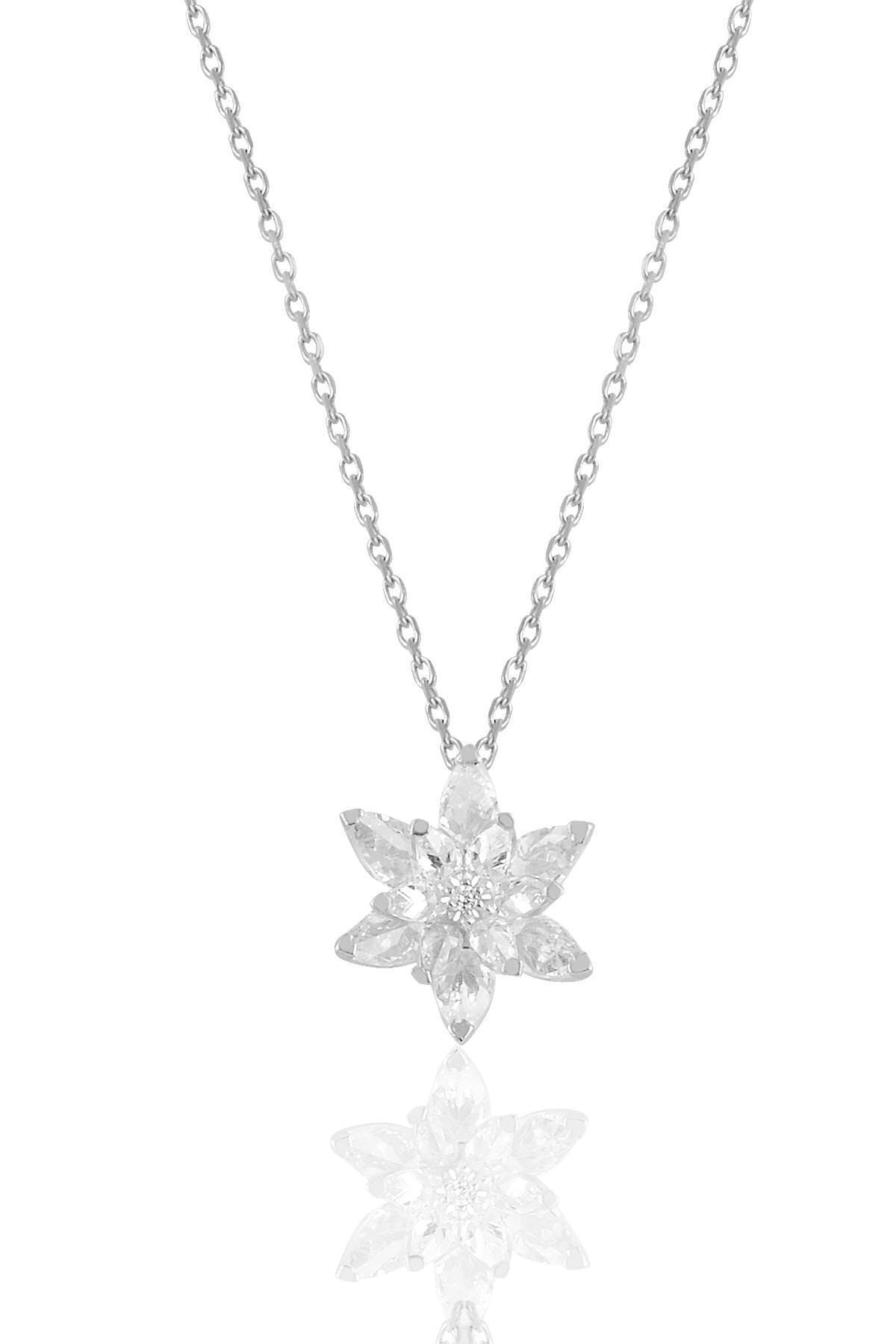 Söğütlü Silver Gümüş Rodyumlu Taşlı Nilüfer Lotus Çiçeği Kolye