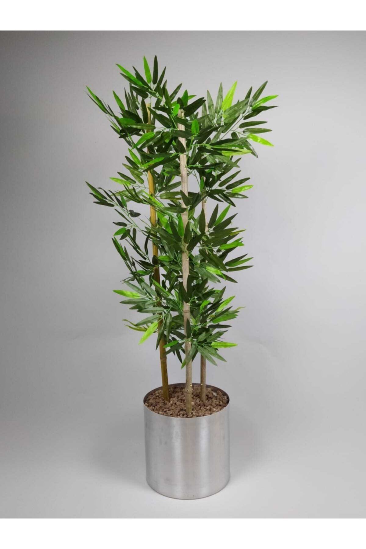 Kibrithane Çiçek Kc511 Yuvarlak Metal Vazoda 3'lü El Işlemesi Kuru Yapay Dekoratif Bambu