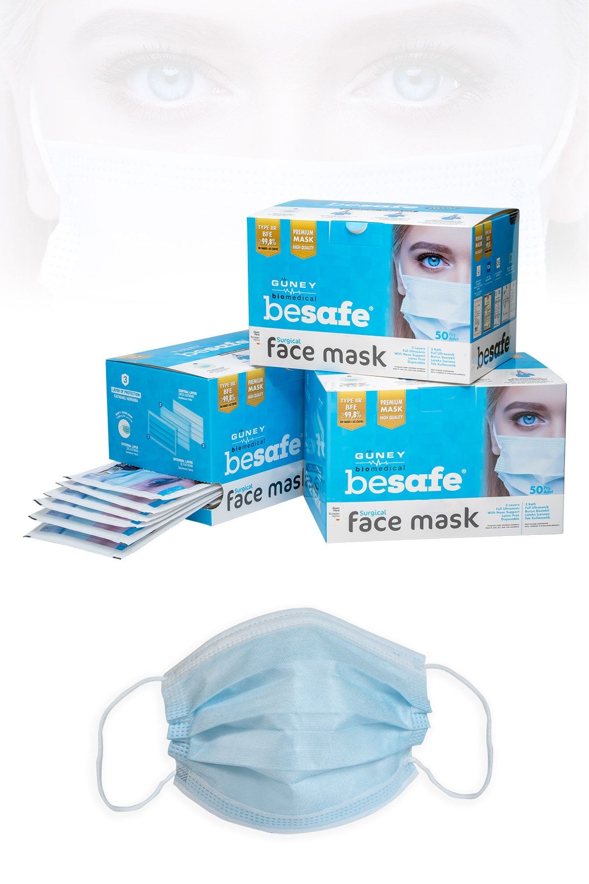 Besafe Tekli Ambalaj Premium Kutu Cerrahi Maske 3 Katlı Mb - 150 Adet - Mavi