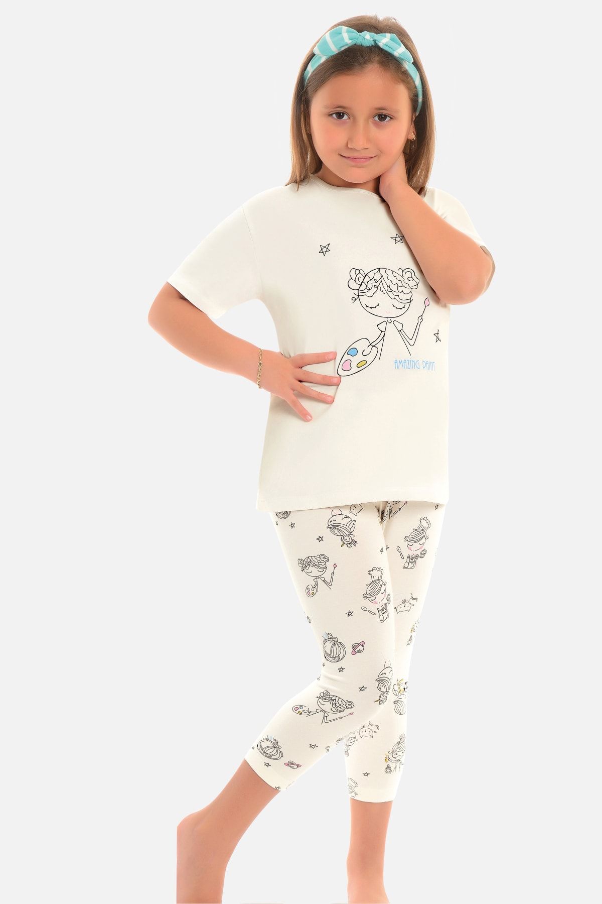 Little Frog Taytlı Kız Çocuk Pijama Takımı Resim Çizen Kız