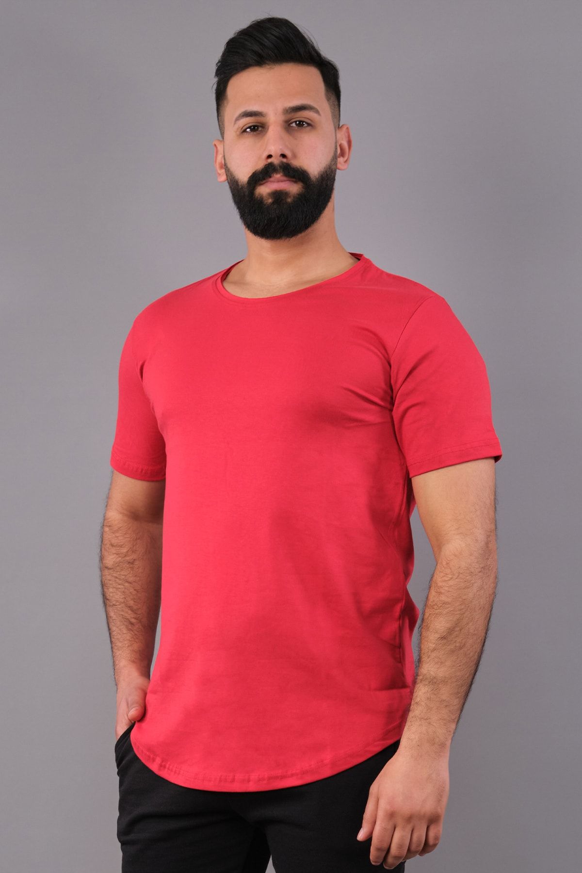NewCabin Kırmızı Renk Erkek Tişört Oval Kesimli Slim Fit Tişört Standart Kesim (KSOKT-L)