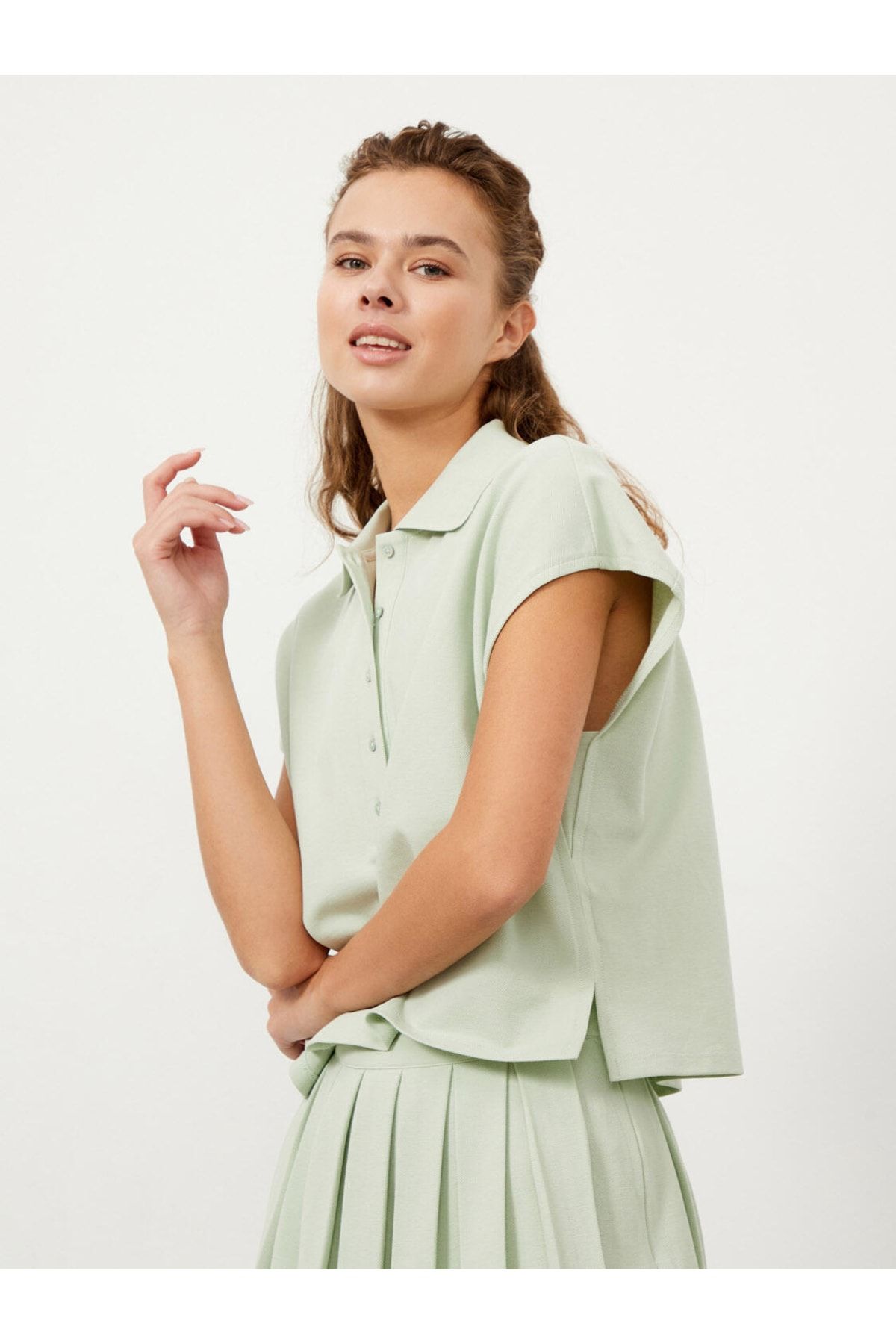 Xint Kadın Yeşil Polo Yaka %100 Pamuk Oversize Tişört