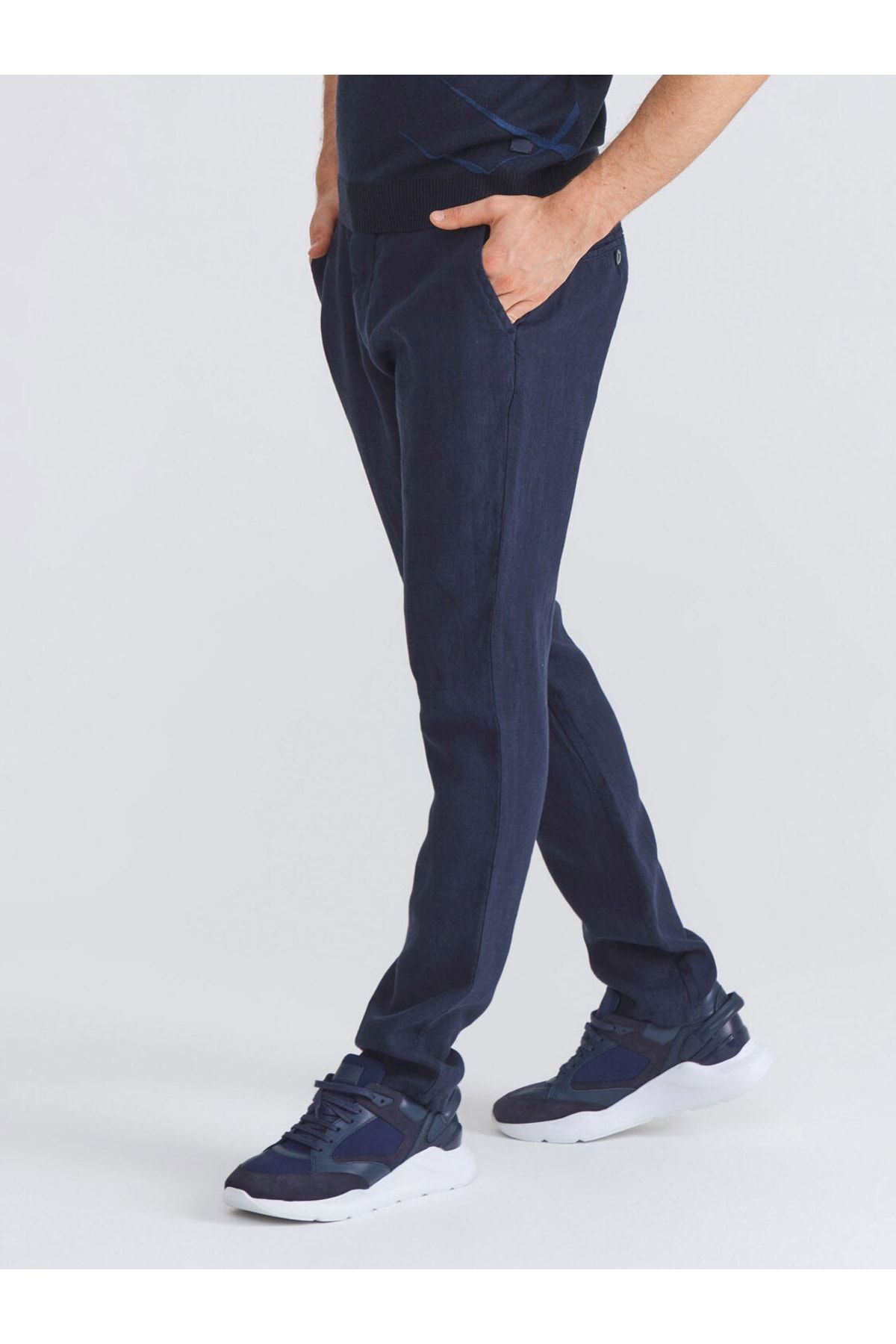 Xint Erkek Lacivert Xınt %100 Keten Slim Fit Pantolon